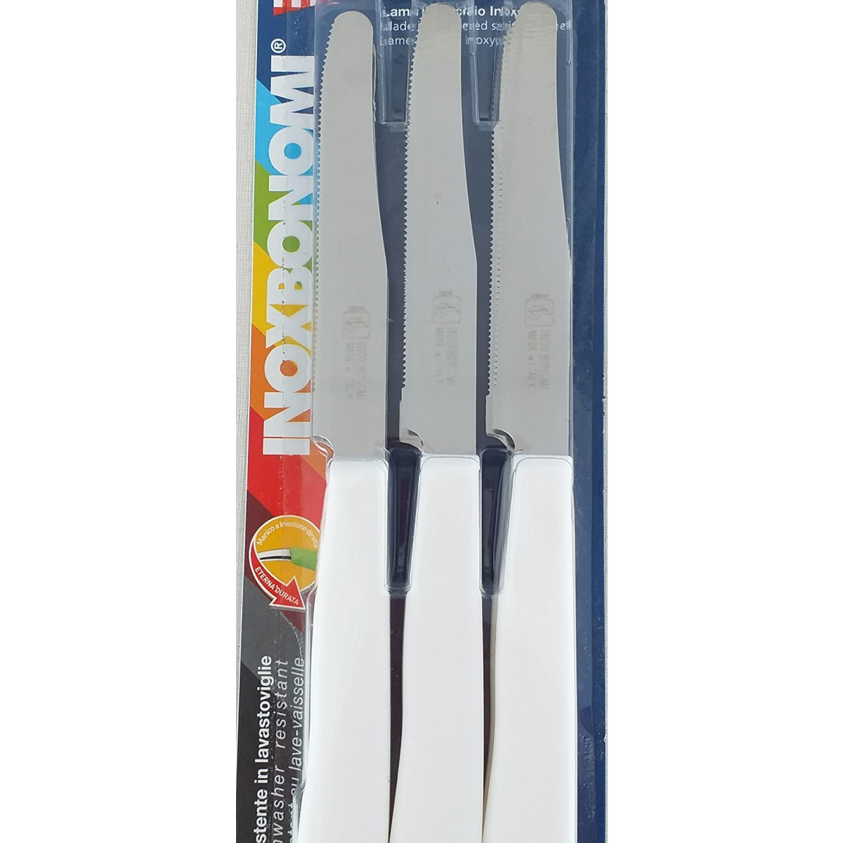 Inoxbonomi 6er-set Tischmesser Mit Gezackter Klinge Aus Rostfreiem Stahl, 11 Cm, Weißer Polypropylengriff, Spülmaschinenfest