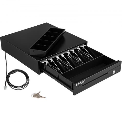 VEVOR Kassenschublade Kassenlade 33 cm quadratische Geldschublade 3 Entriegelungswege RJ11/RJ12 Anschluss 4 Geldscheinfächer & 5 Münzfächer Lebensmittelgeschäft Bank Büro Café Supermärkt Bar