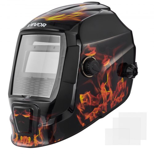 VEVOR Automatik Schweißhelm, 93 x 43 mm True Color, solarbetriebene Schweißermaske, 2 Lichtbogensensoren, DIN 4/9-13 für WIG-, MIG- & ARC-Schweißschleifen – CRIUS-Serie (Flammenmuster)
