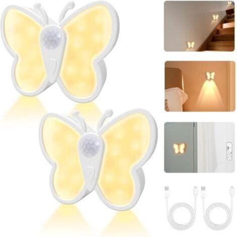Veilleuses Led Mit Sensor Bewegung, 2 Unités, Intensité Einstellbar, 3 Couleurs, Forme Papillon, Rechargeables Usb –