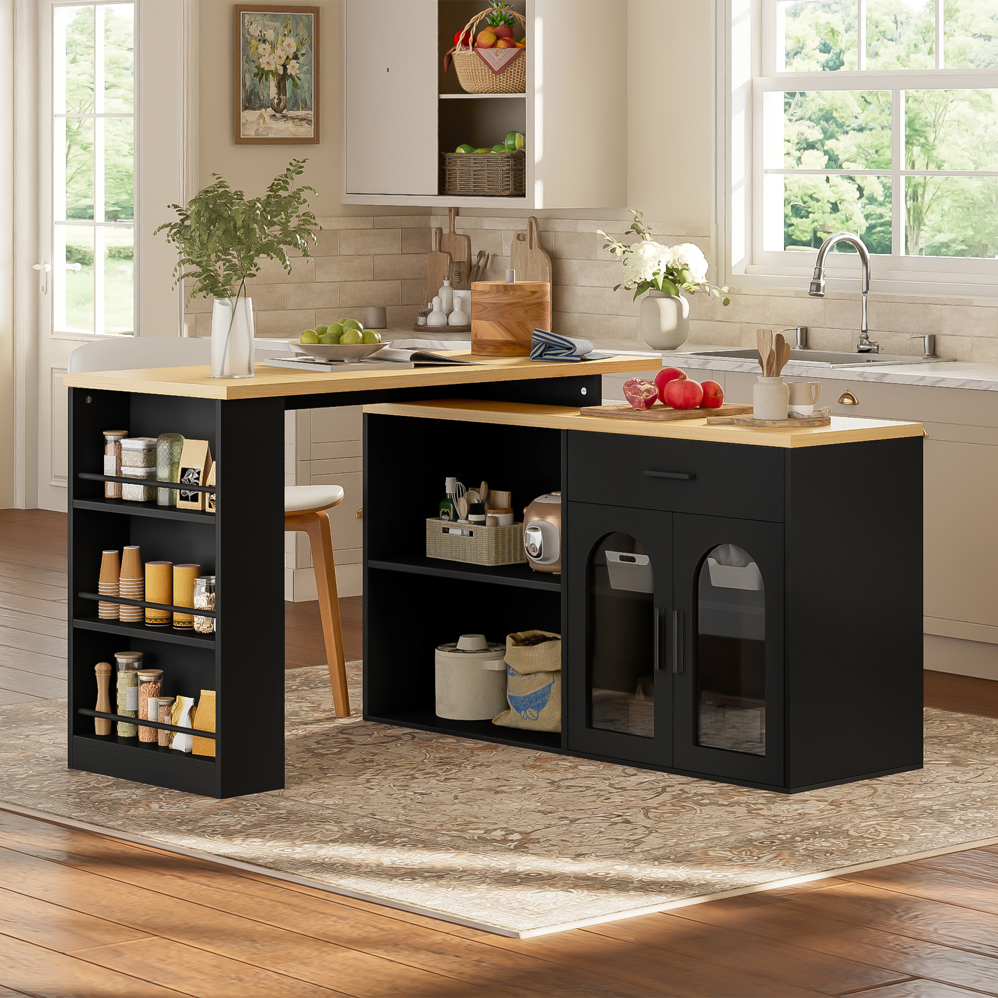 Kücheninsel Mit 360° Drehbarer Tischplatte, Schublade Und Verstellbaren Einlegeböden, Mdf Schwarz Und Natur, 136×50×78 Cm