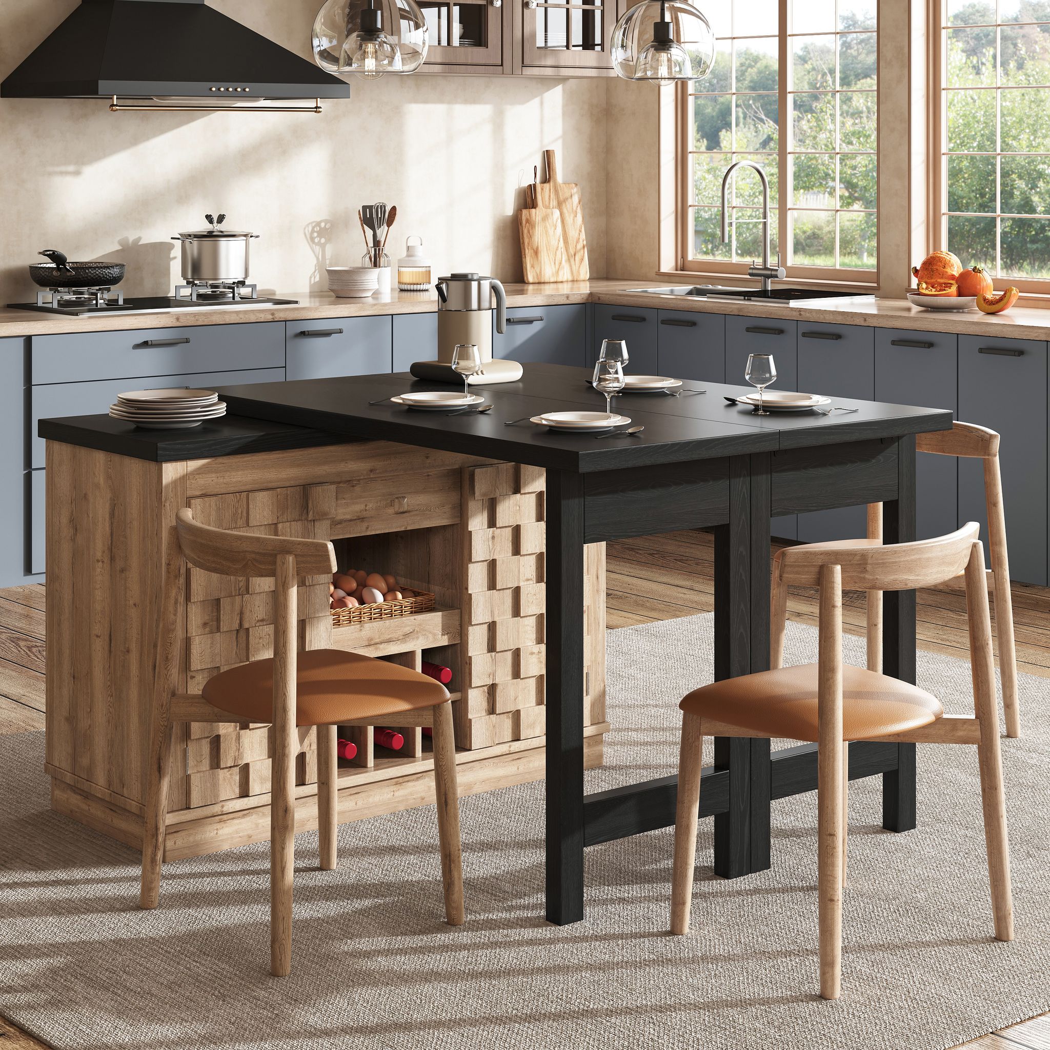 Kücheninsel Ausziehbar Mit 2 Um 360° Drehbaren Platten, 2 Türen, Schublade Und Weinregal, Mdf, 120×40×74.2 Cm