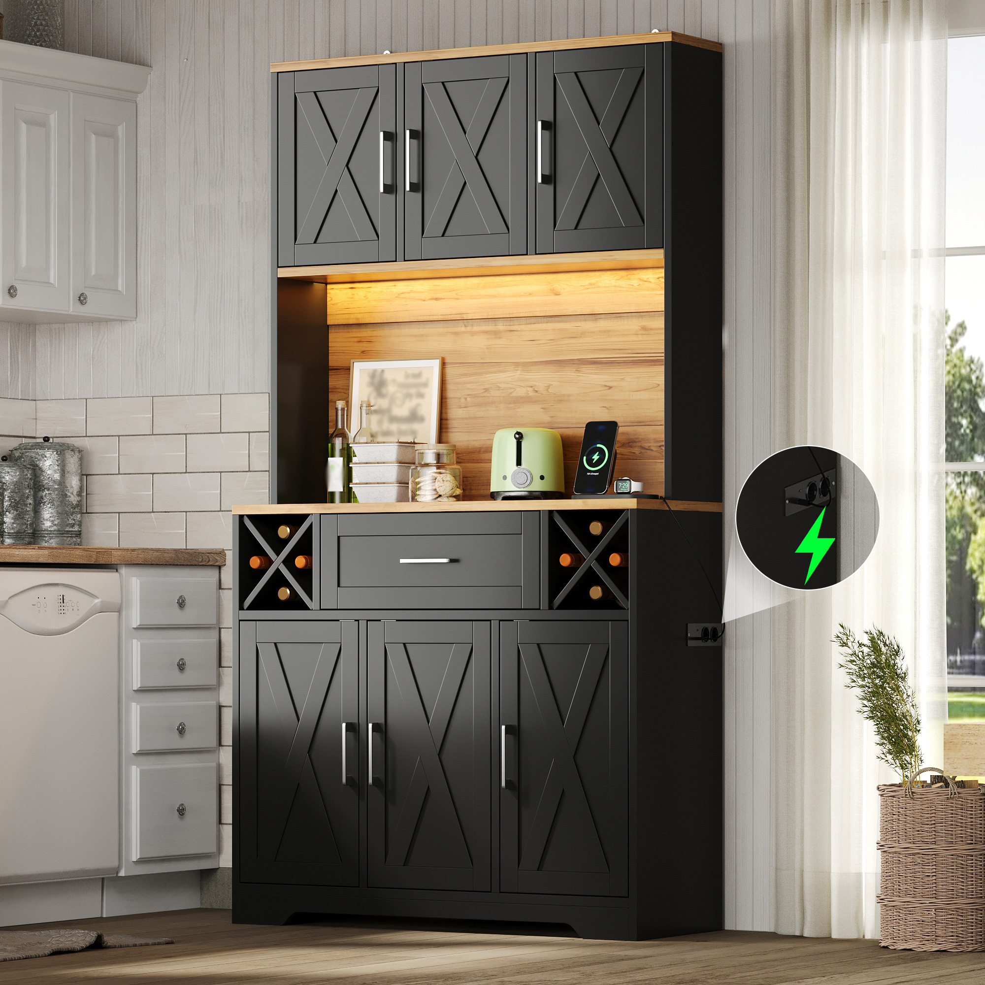 Küchenhochschrank Mit Schublade, Herausnehmbaren Weinregalen, Rgb-led Und Steckdosen, Mdf Natur Und Schwarz, 105×40×180 Cm