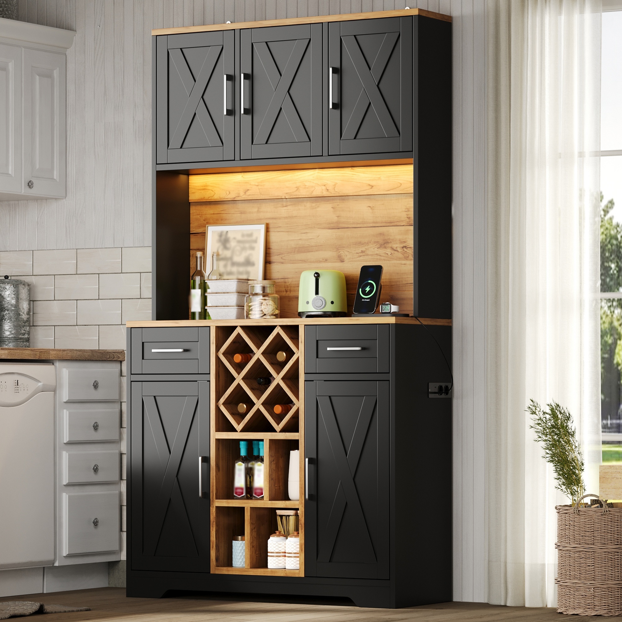 Hoher Küchenschrank Mit 2 Schubladen, Herausnehmbarem Weinregal, Rgb-led Und Steckdosen, Mdf, Natur Schwarz, 105×40×180 Cm
