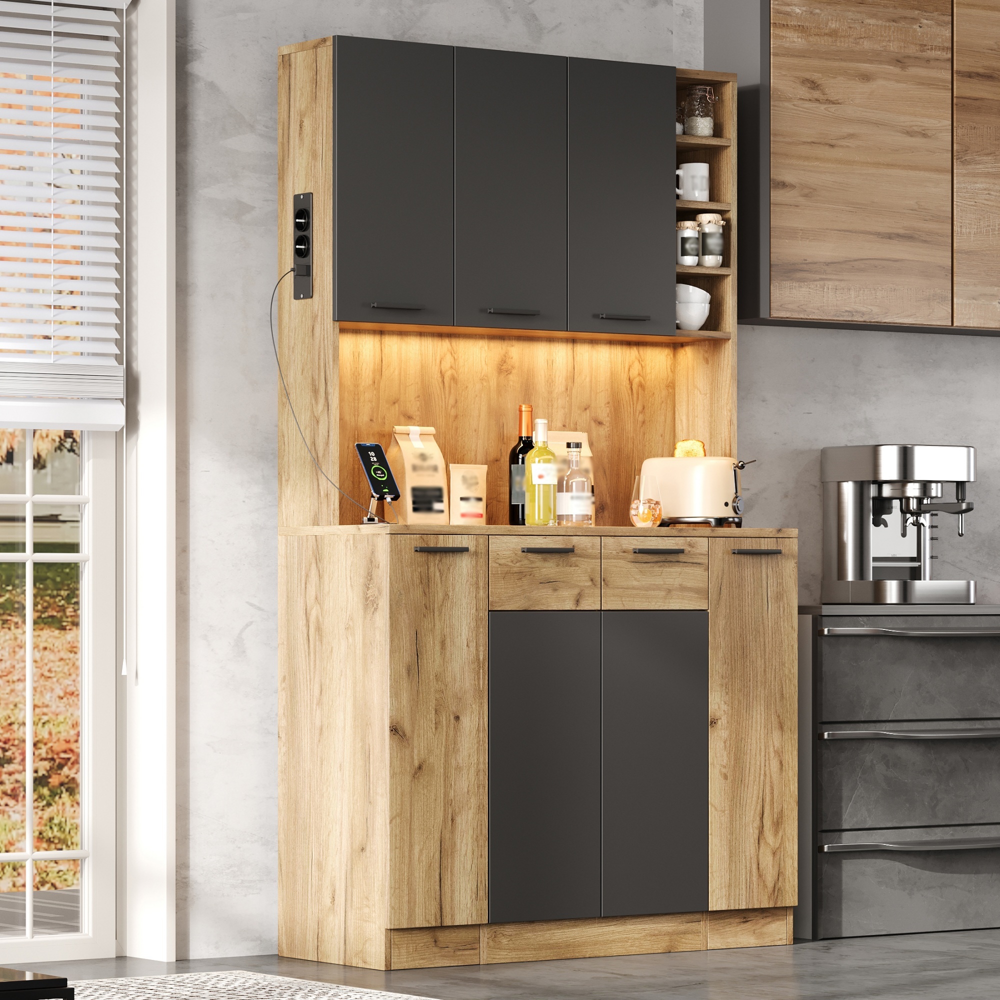 Küchenhochschrank Mit 4 Auszügen, 4 Fächern, Verstellbaren Böden, Rgb-led Und Steckdosen, Mdf Schwarz Natur, 100×40×180 Cm
