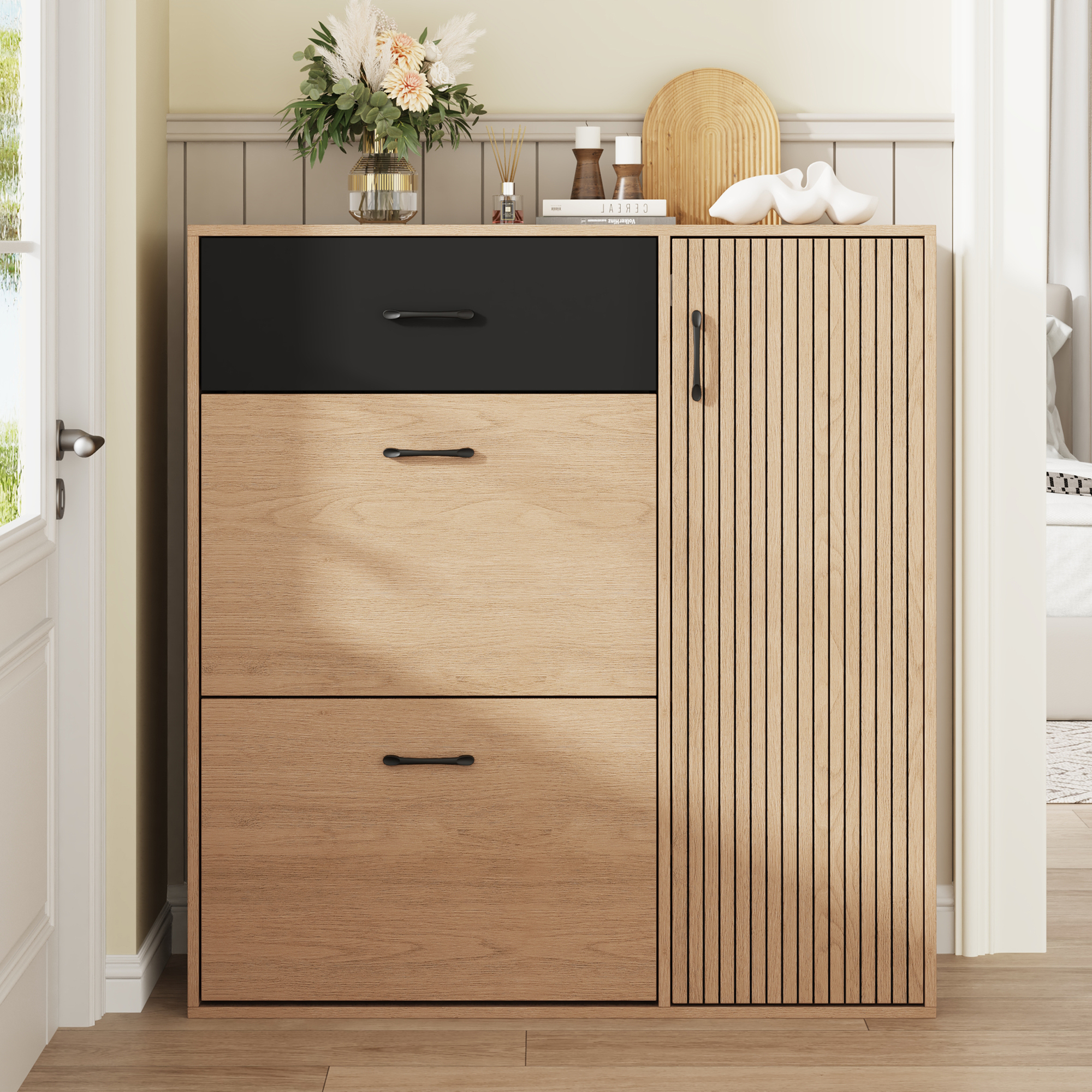 Schuhschrank, 1 Schublade, 2 Klappen, 1 Tür, 5 Fächer, Für Flur, Mdf, Naturholz Schwarz, 100×35×106 Cm