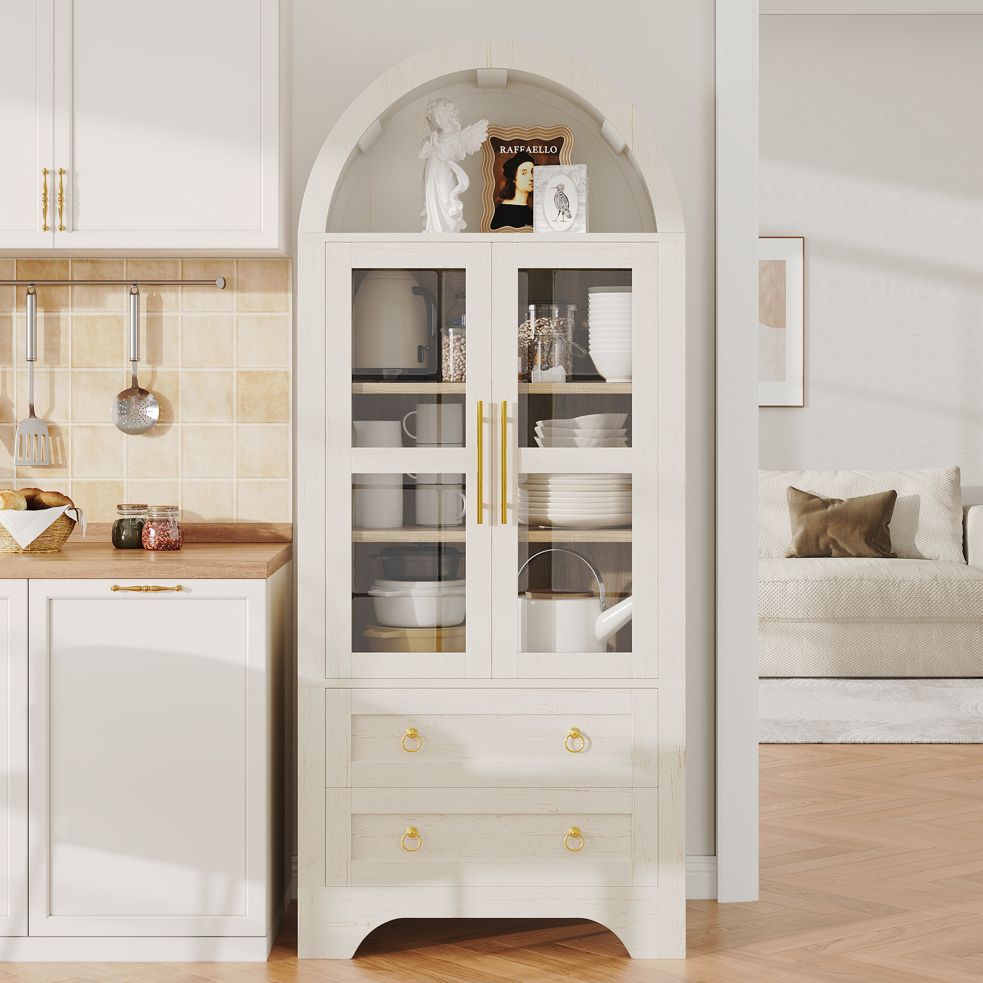 Highboard Mit 2 Glastüren, 2 Schubladen Und 2 Verstellbaren Einlegeböden, Für Küche, Weiß, 76.2 × 40.1 × 180 Cm