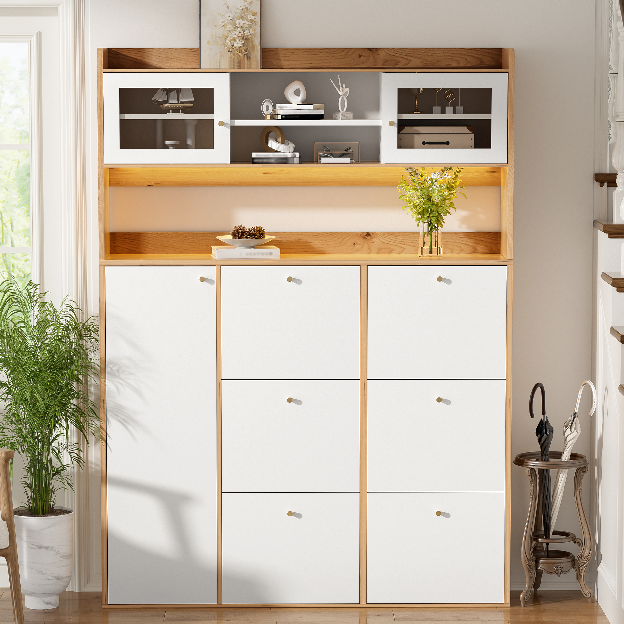 Schuhschrank Mit 6 Klappfächern Und 1 Tür, Led-beleuchtung, Für Flur Und Diele, Weiß Natur, 130×25×85 Cm