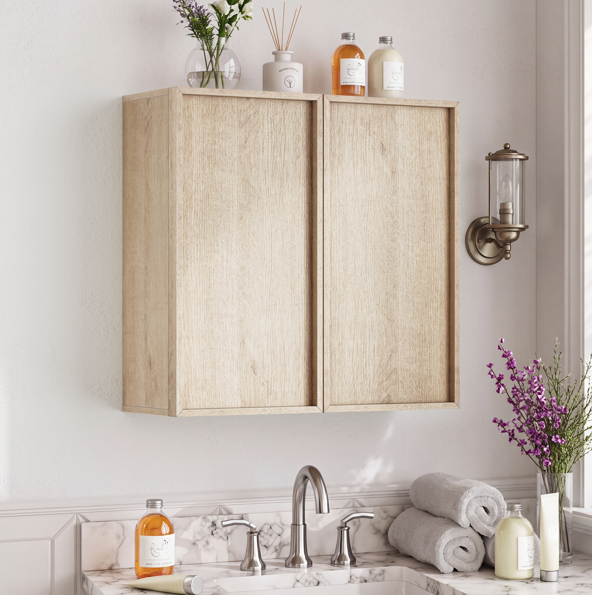 Badezimmer-hängeschrank Mit 2 Türen Ohne Griffe, Geschlossenem Stauraum, Mdf, Eiche, 60 × 21.6 × 58 Cm