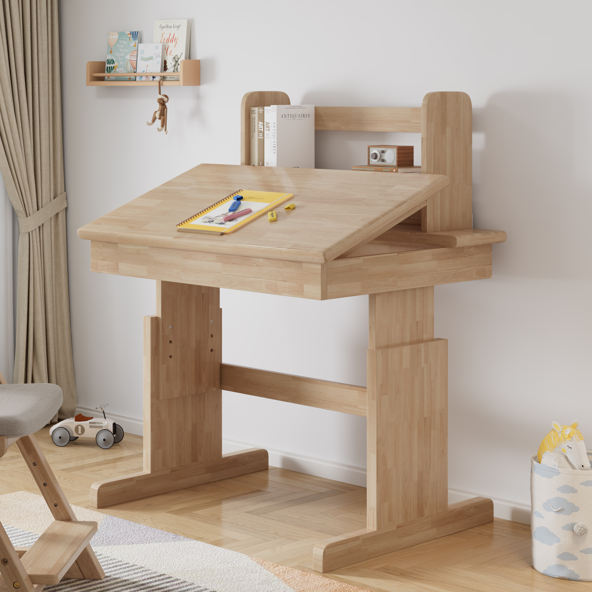 Kinderschreibtisch Höhenverstellbar Mit Neigbarer Tischplatte Und Buchstütze, Naturholz, 80×94×80 Cm
