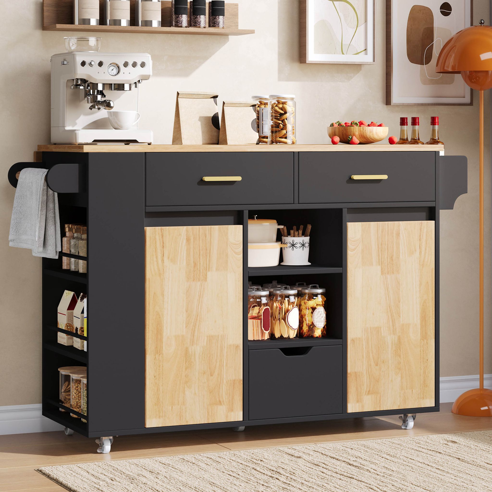 Mobile Kücheninsel Mit 3 Schubladen, Seitenregalen Und Klapparbeitsplatte, Für Küche, Mdf, Schwarz Und Natur