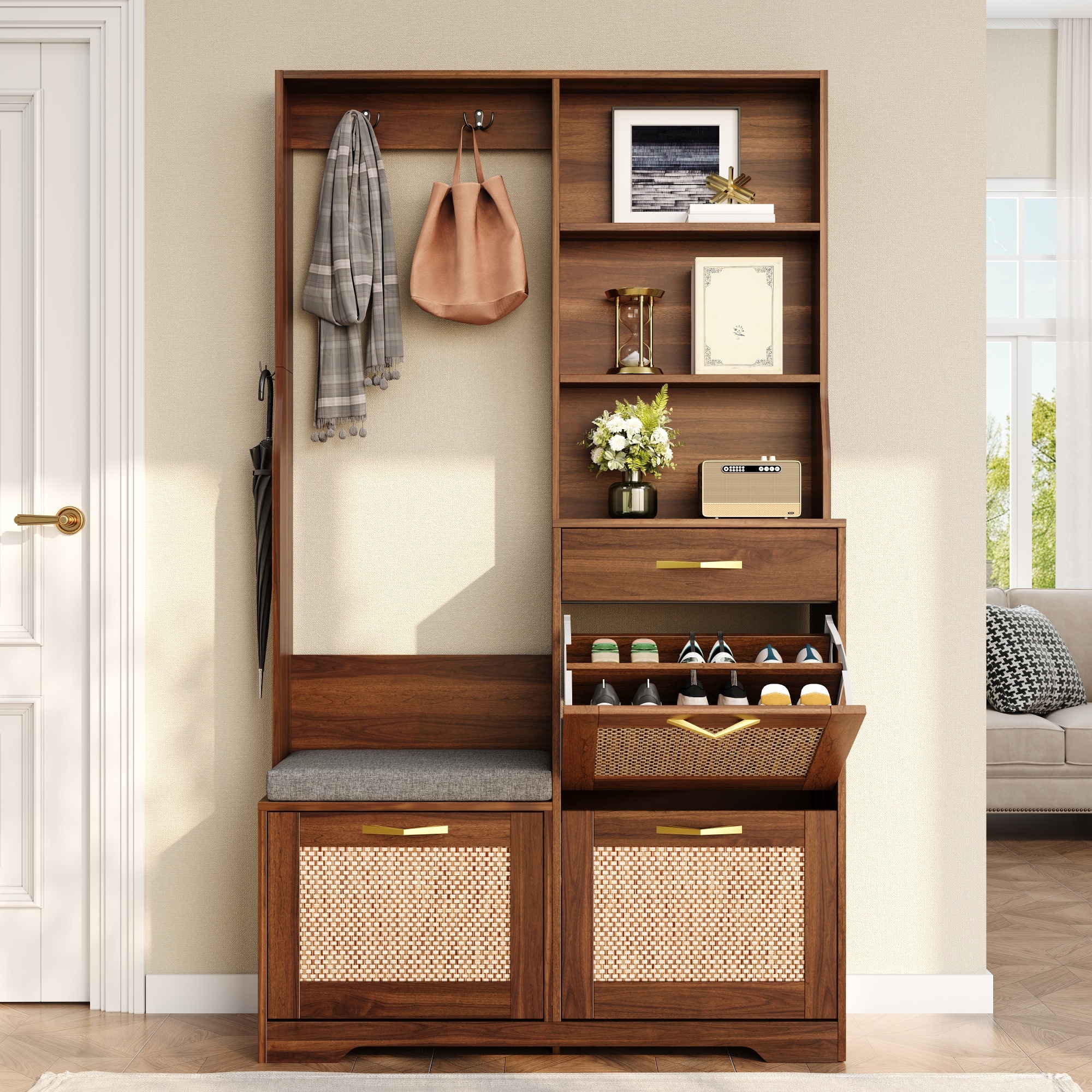 Flurgarderobe Mit Sitzbank, 3 Schuhklappen, Schublade, Offenen Fächern Und Kleiderhaken, Mdf Nussbaum, 100×30×170 Cm