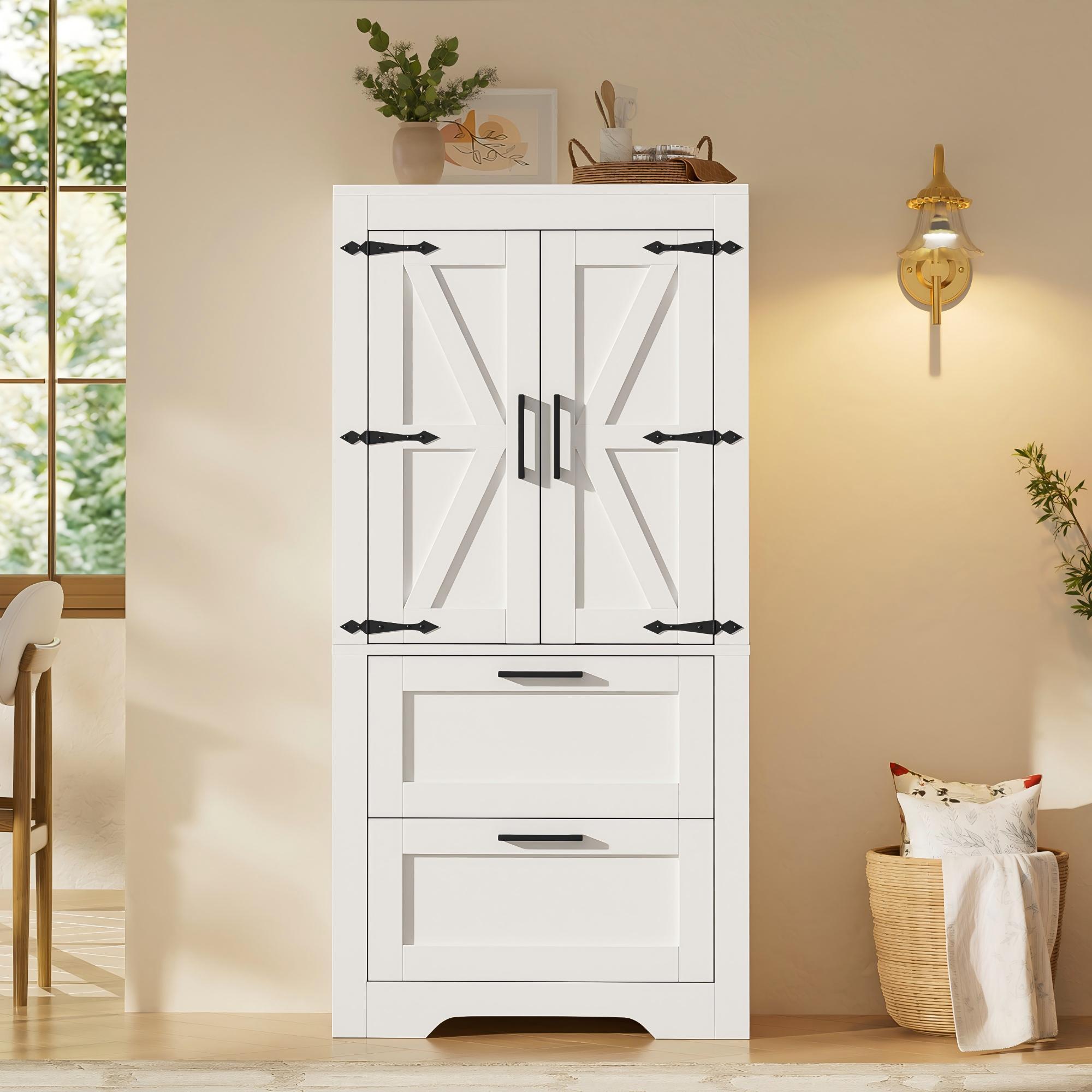 Hochschrank Mit 2 Schubladen Und Verstellbaren Einlegeböden, Scheunenstil, Für Küche, Mdf, Weiß, 60×30×128 Cm
