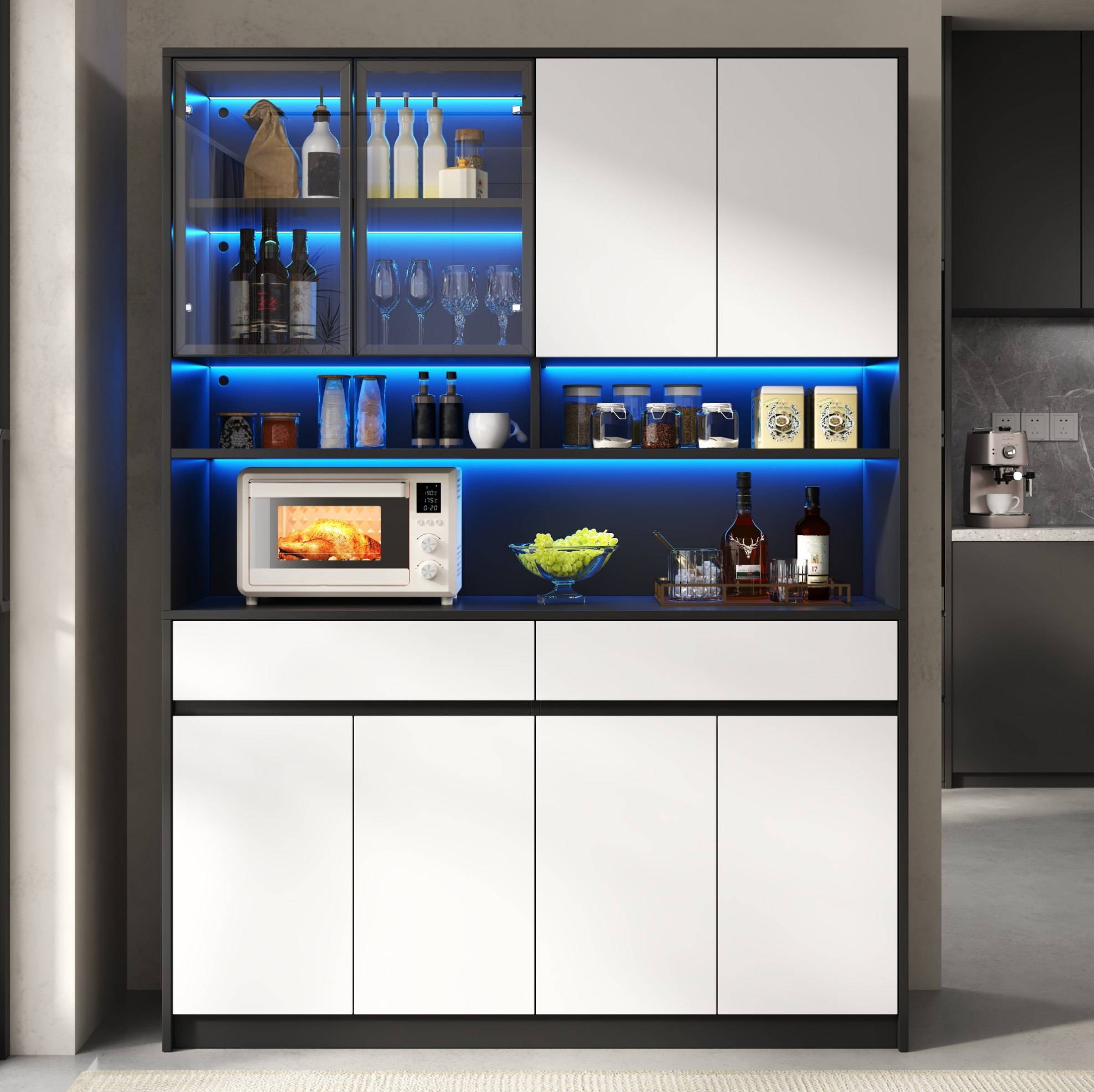 Hochschrank Mit 8 Türen, 2 Schubladen Und 2 Offenen Ablagen, Led-beleuchtung, Für Küche, Mdf, Schwarz Und Weiß