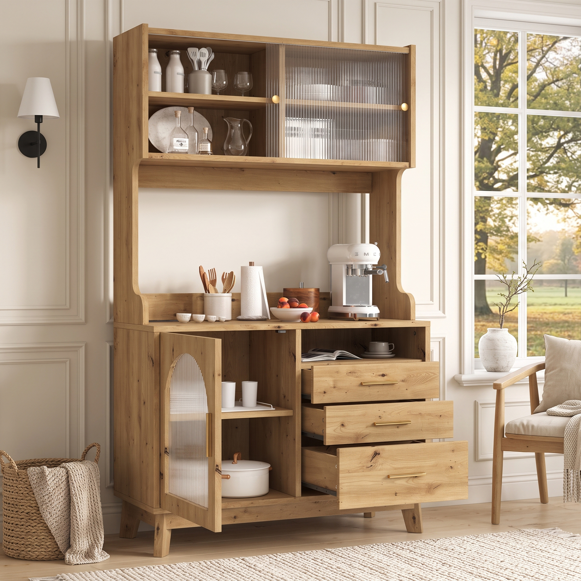 Küchenhochschrank Mit Stauraum, 2 Steckdosen Und Usb-a Usb-c Anschlüssen, Acrylglasfront, 100.5×40×178 Cm