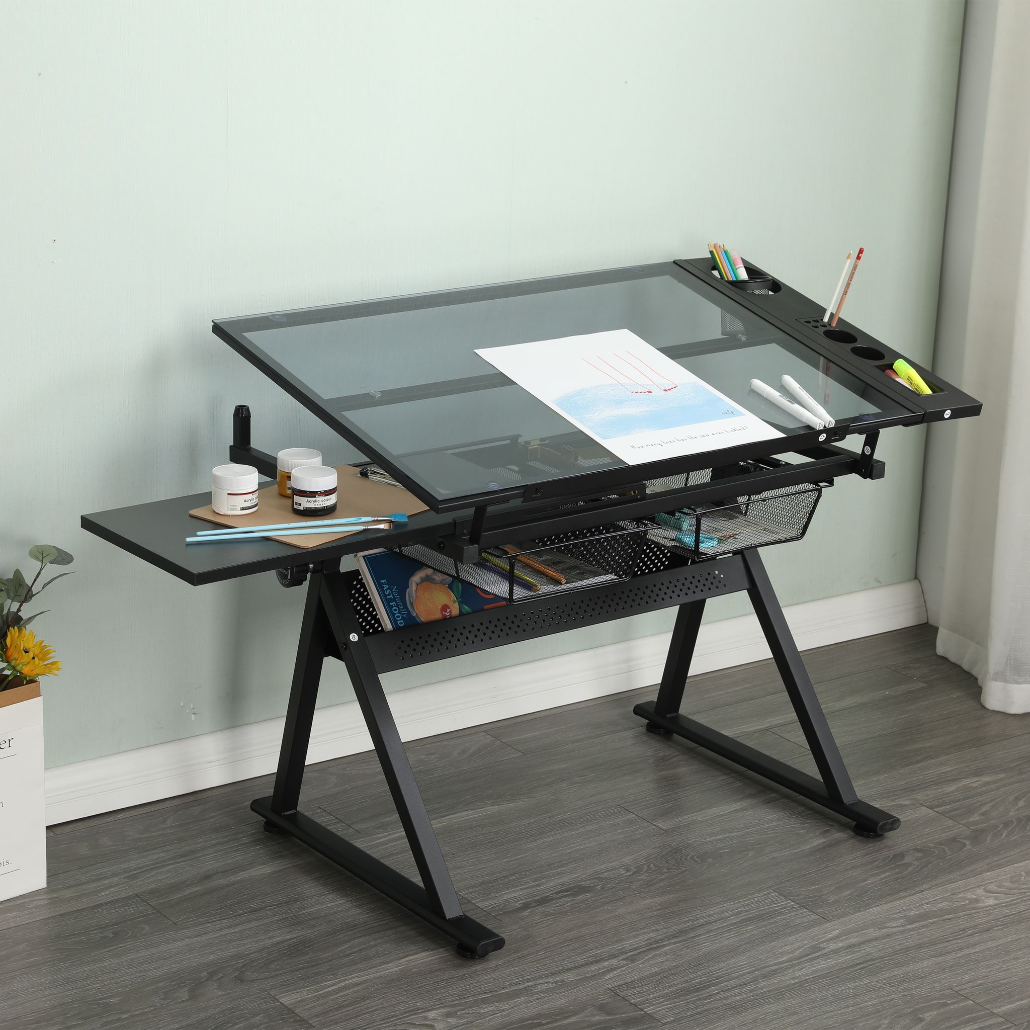 Zeichentisch Neigbar Mit Gehärteter Glasplatte, 2 Metallschubladen Und Hocker, Für Büro, Mdf Und Metall, Schwarz