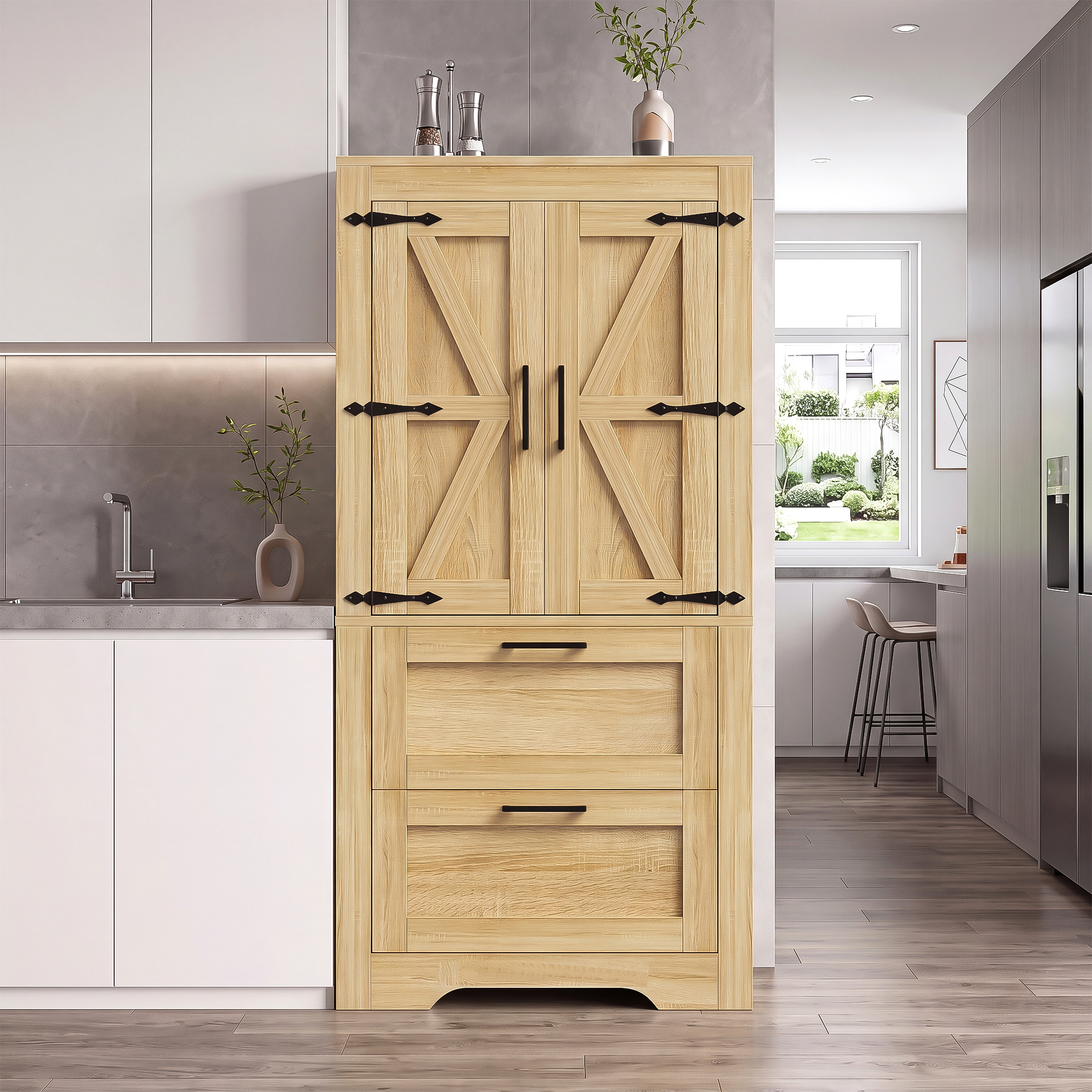 Hochschrank Für Küche Mit 2 Schubladen Und Verstellbaren Einlegeböden, Scheunentürstil, Mdf, 60×30×128 Cm