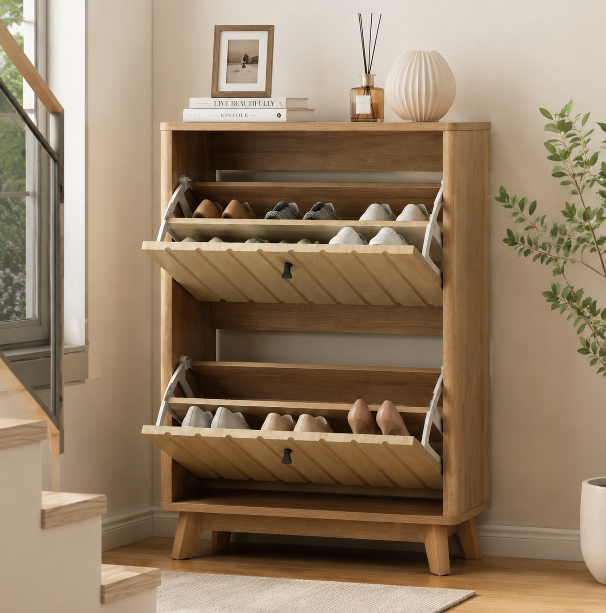Schuhschrank Mit 2 Türen, Verstellbaren Einlegeböden Und Geschlossenem Fach, Mdf, Eiche, 91×44.5×19.5 Cm