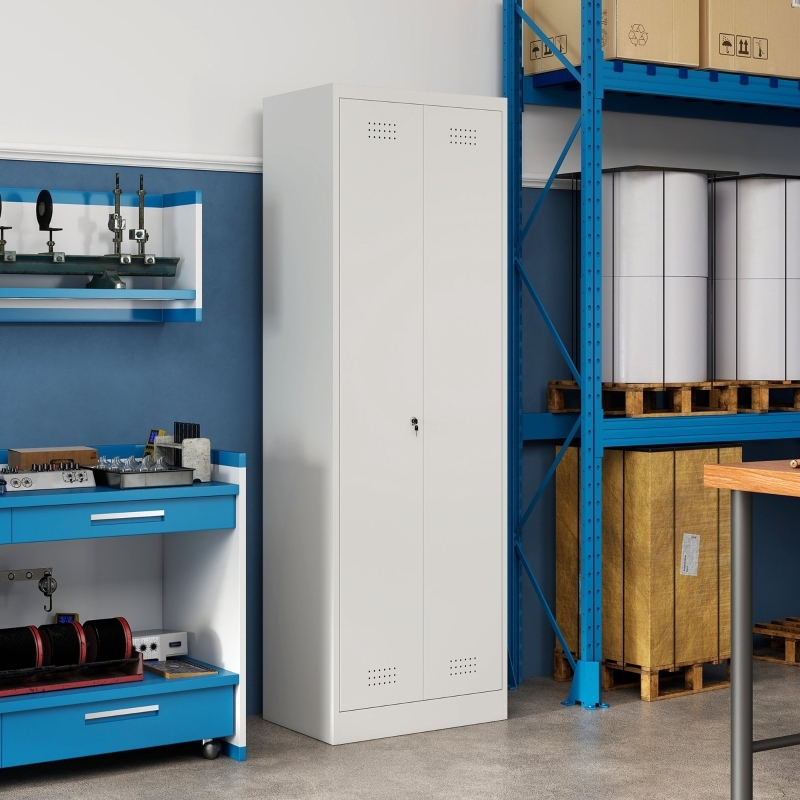 Stahlschrank Mit 2 Türen, 3 Verstellbaren Einlegeböden Und Kleiderstange, Für Garage, Creme, 60×40×165 Cm