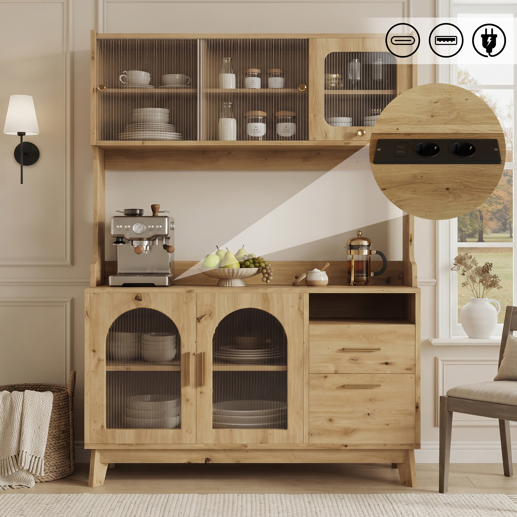 Küchen-hochschrank Mit 2 Steckdosen Und Usb-a Sowie Usb-c Anschlüssen, Gewellter Acrylfront, Holz, 120×40×178 Cm