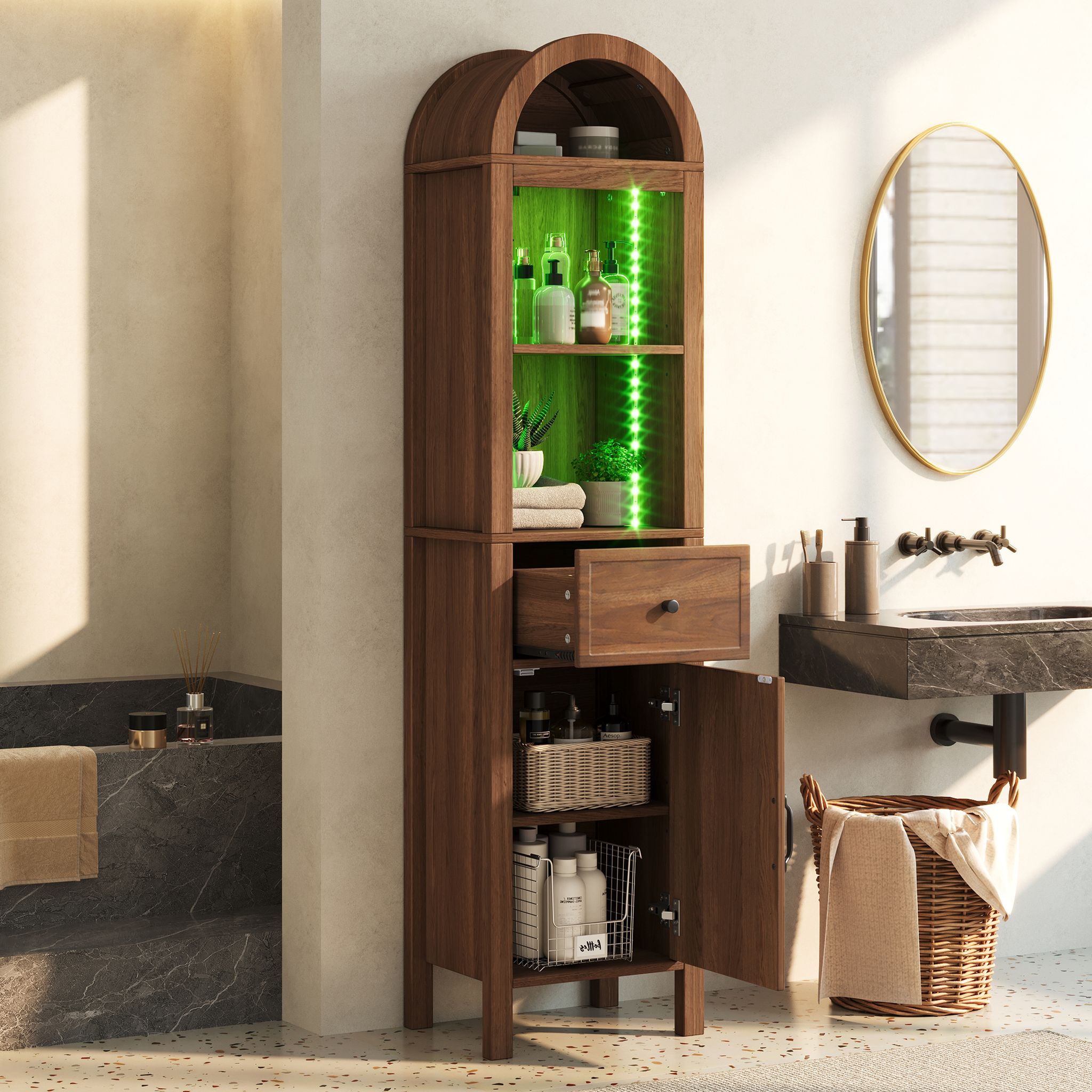 Freistehender Badezimmerschrank Mit 2 Reversiblen Türen, Schublade Und Rgb-led, Mdf Nussbaum, 40×30×163 Cm