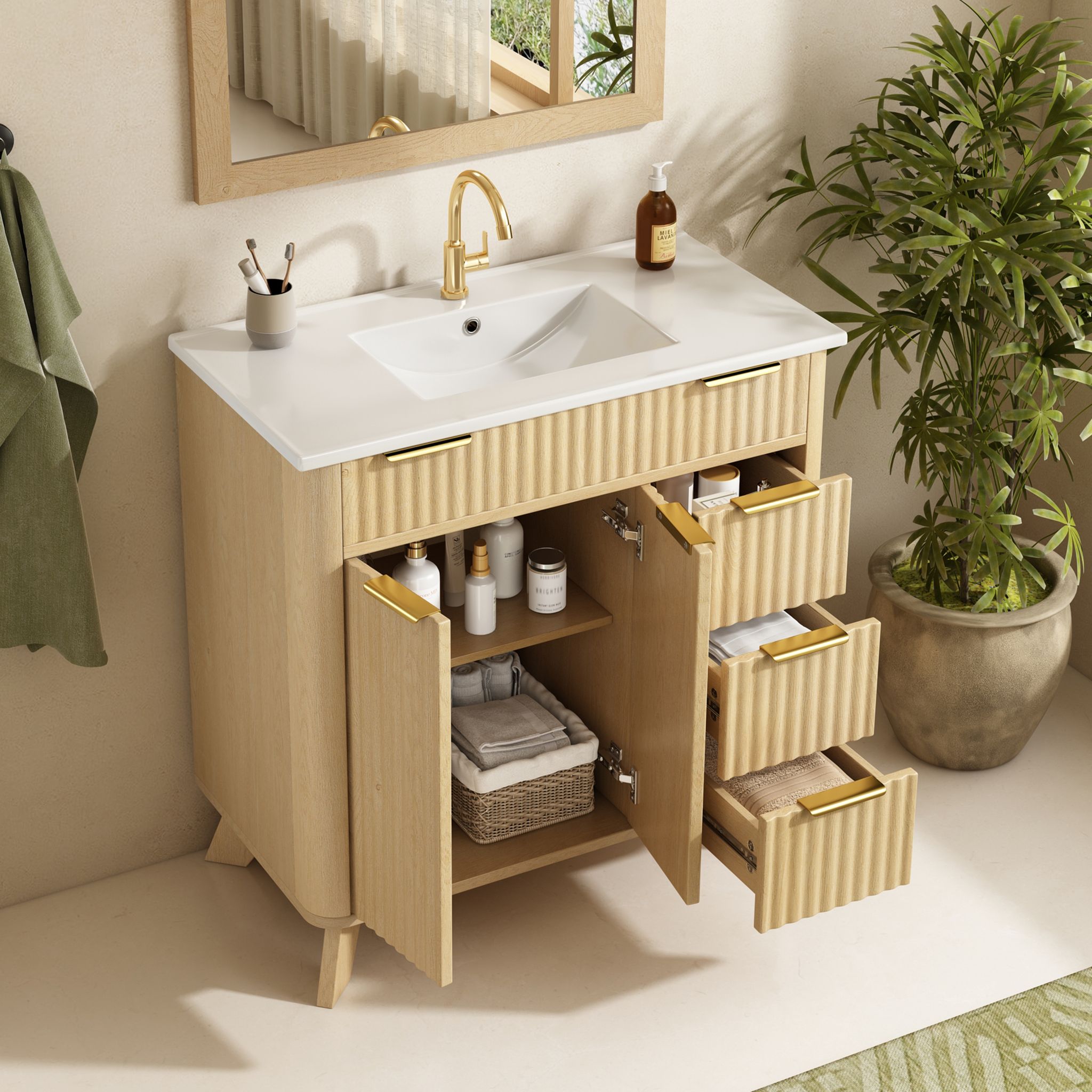 Waschbeckenunterschrank Mit 3 Schubladen Und 2 Soft-close-türen, Keramikwaschbecken, Mdf, Naturholz, 81×47×90 Cm