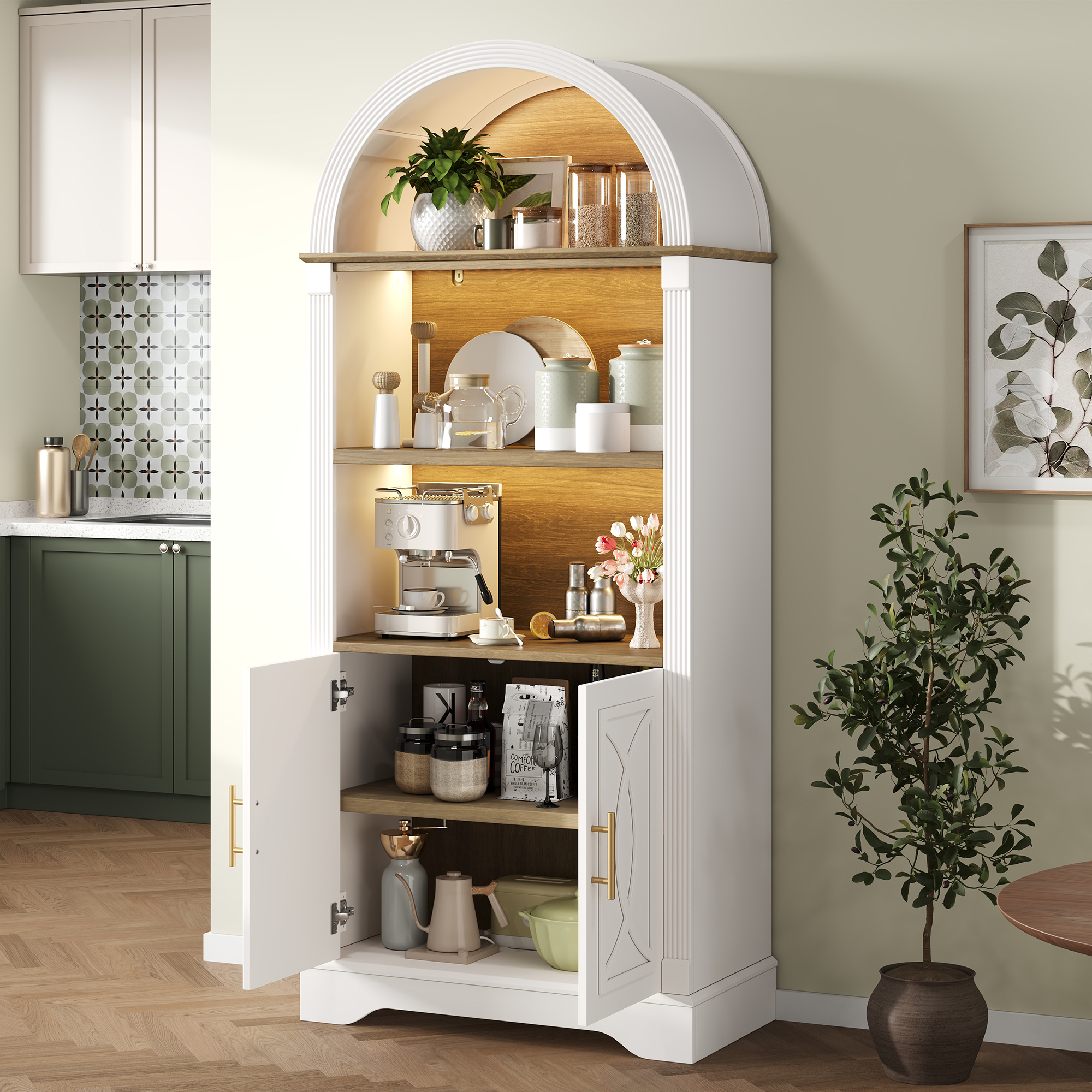 Küchenhochschrank Mit 2 Türen, 3 Offenen Fächern, Verstellbarem Einlegeboden Und Led, Weiß, 76.2 × 40.1 × 180 Cm