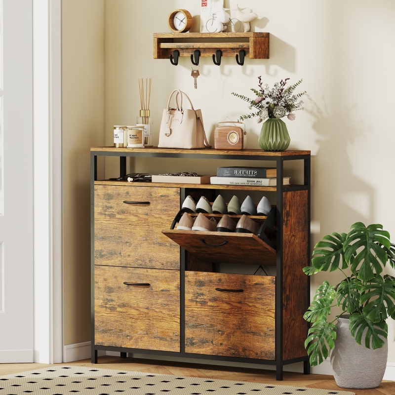 Schuhschrank Mit 4 Klappfächern Und Offenem Regal, Industriestil, Holz Und Stahl, Rustikales Braun