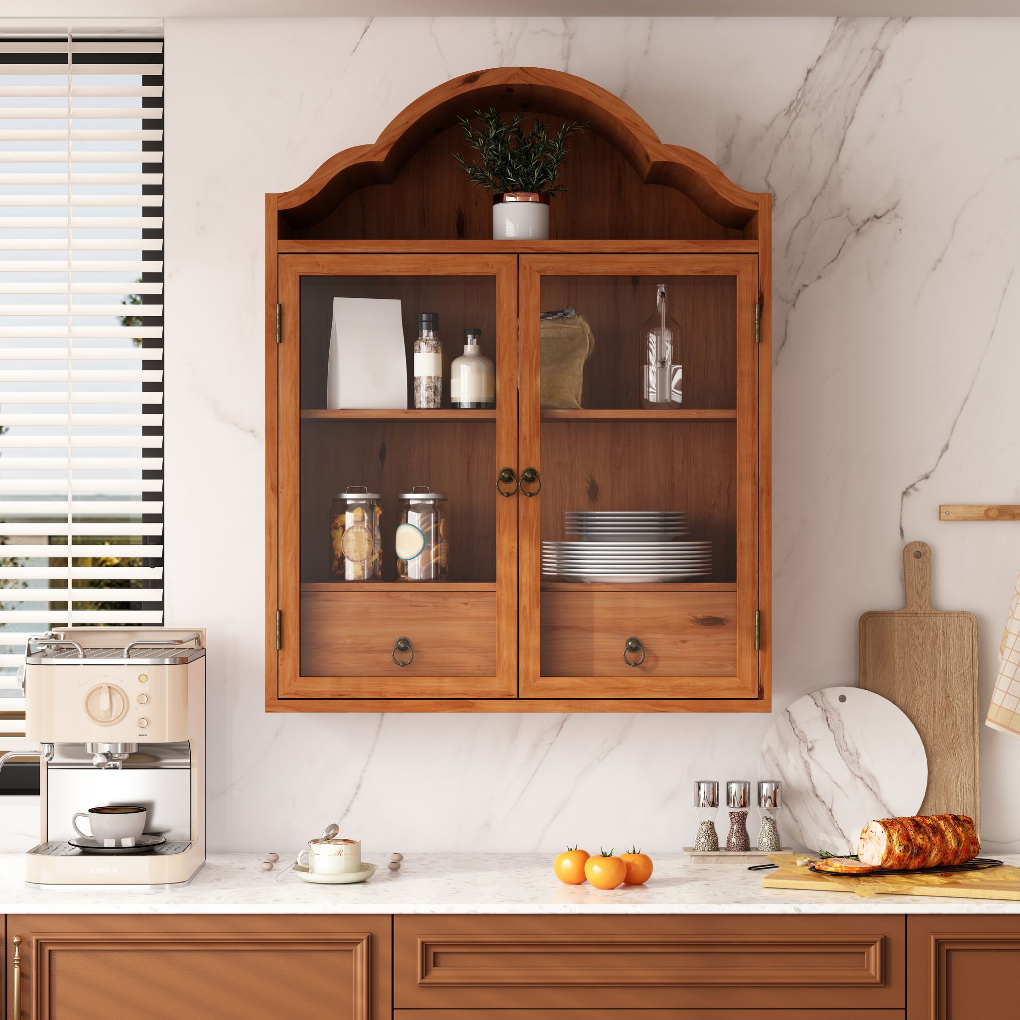 Wandschrank Retro Mit Verstellbaren Einlegeböden Und Schubladen, Geschwungenem Oberteil, Für Küche, Massivholz, Braun