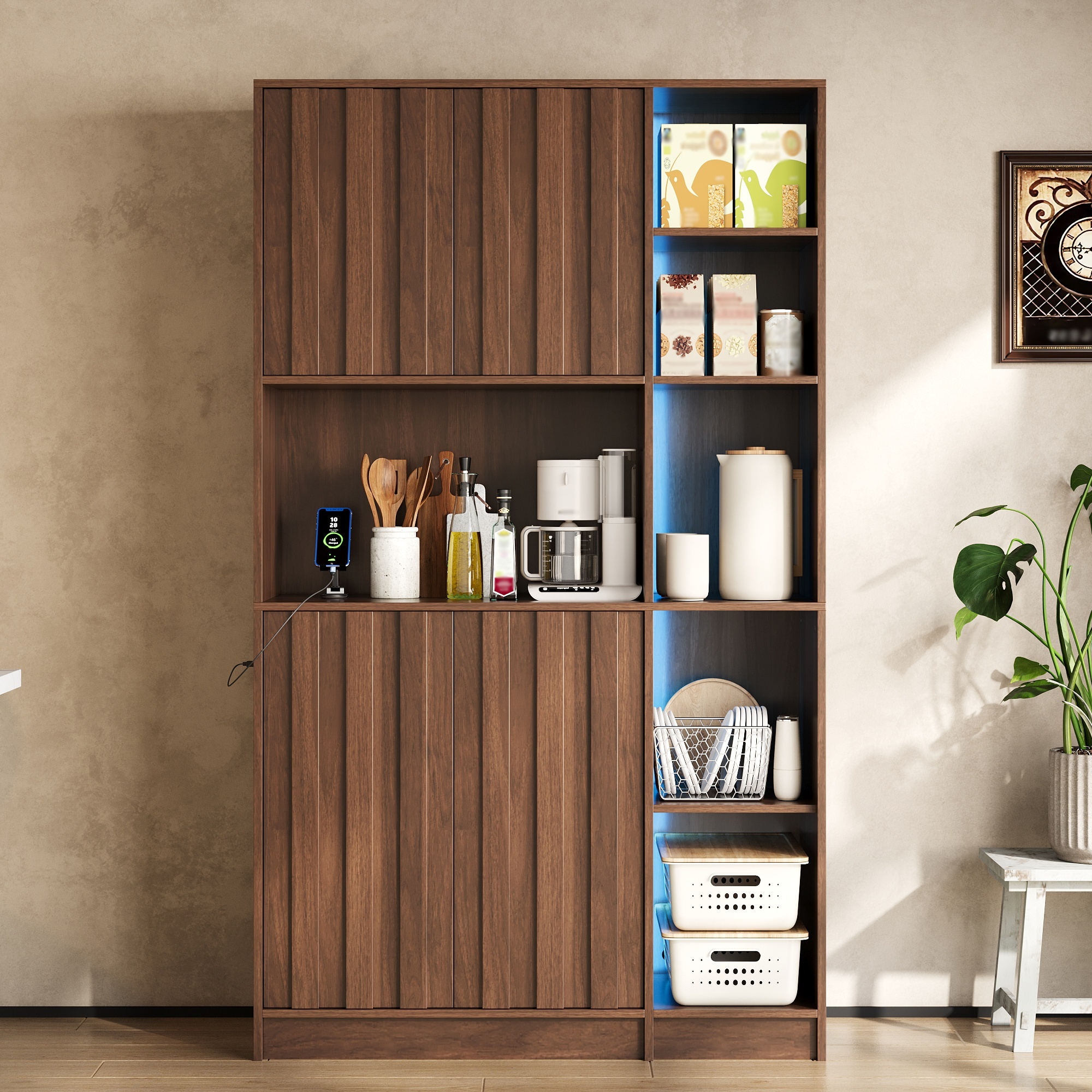 Küchenhochschrank Mit 2 Türen Und Offenen Fächern, Rgb-led Und Steckdosen, Mdf Nussbaum, 105 × 40 × 180 Cm
