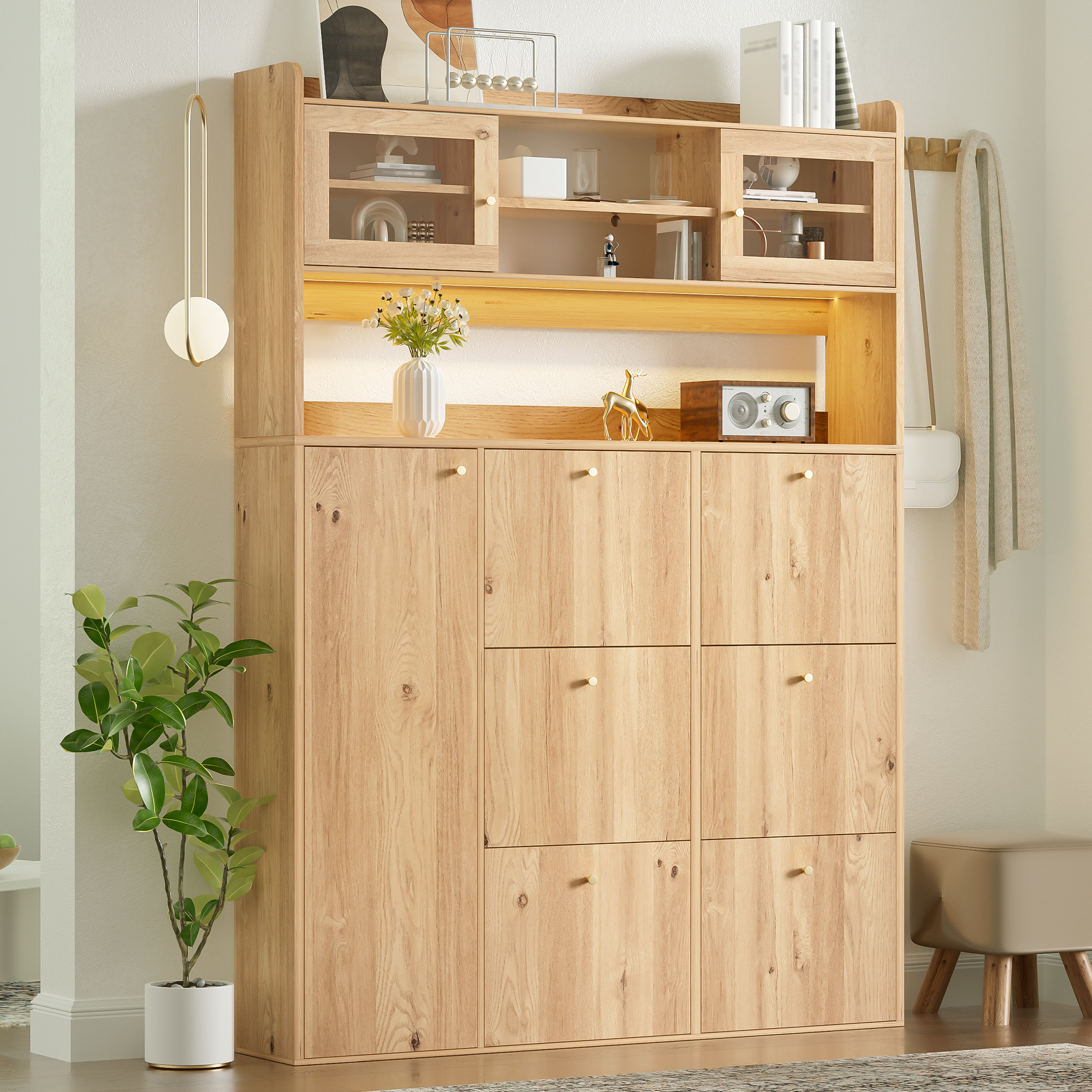 Schuhschrank Mit 6 Klappfächern Und 1 Tür, Led-beleuchtung, Für Flur Und Diele, 130×25×180 Cm, Naturfarben