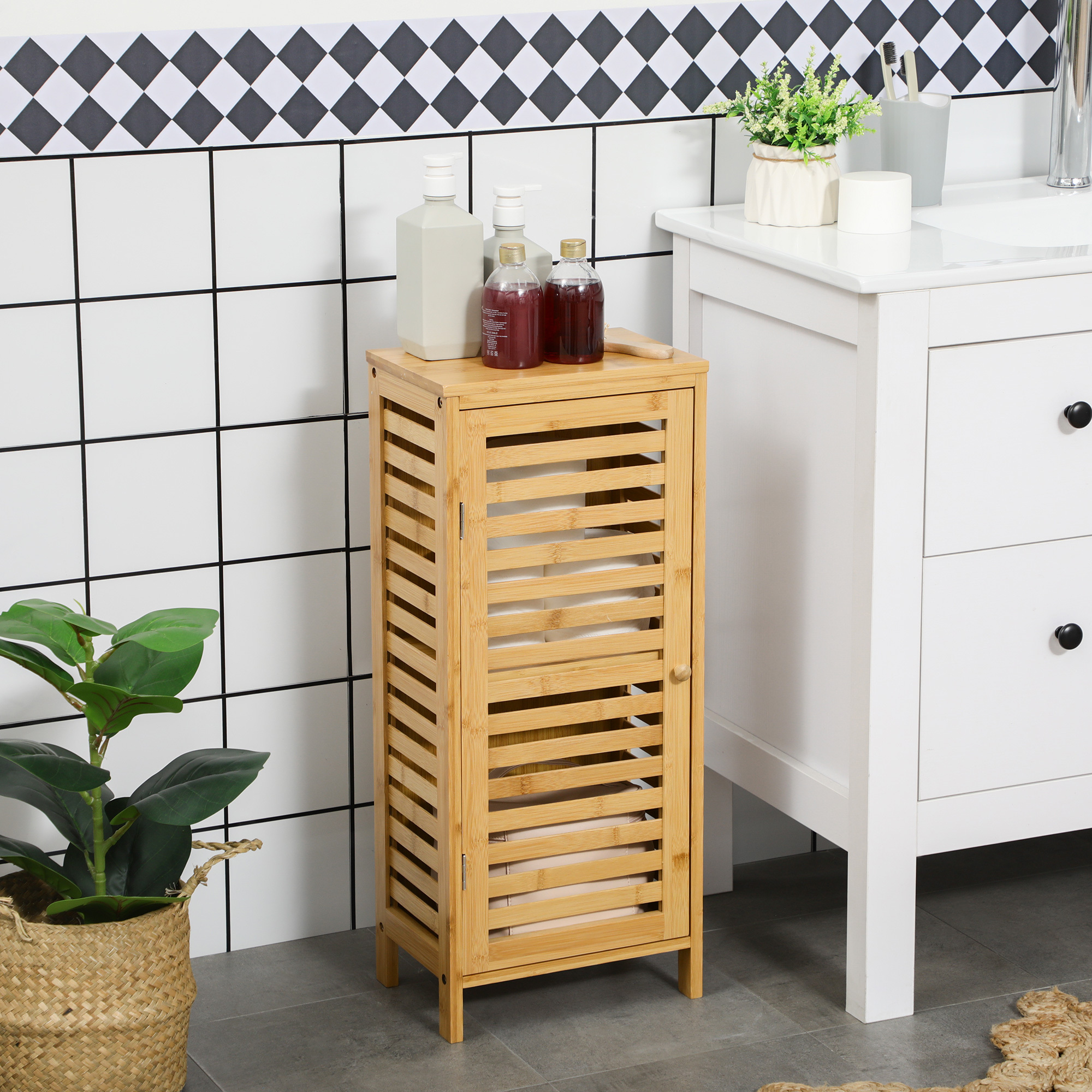 Badezimmerschrank Mit Lamellentür Und Verstellbarem Einlegeboden, Stauraum Aus Naturbambus, 30 × 19.9 × 70 Cm