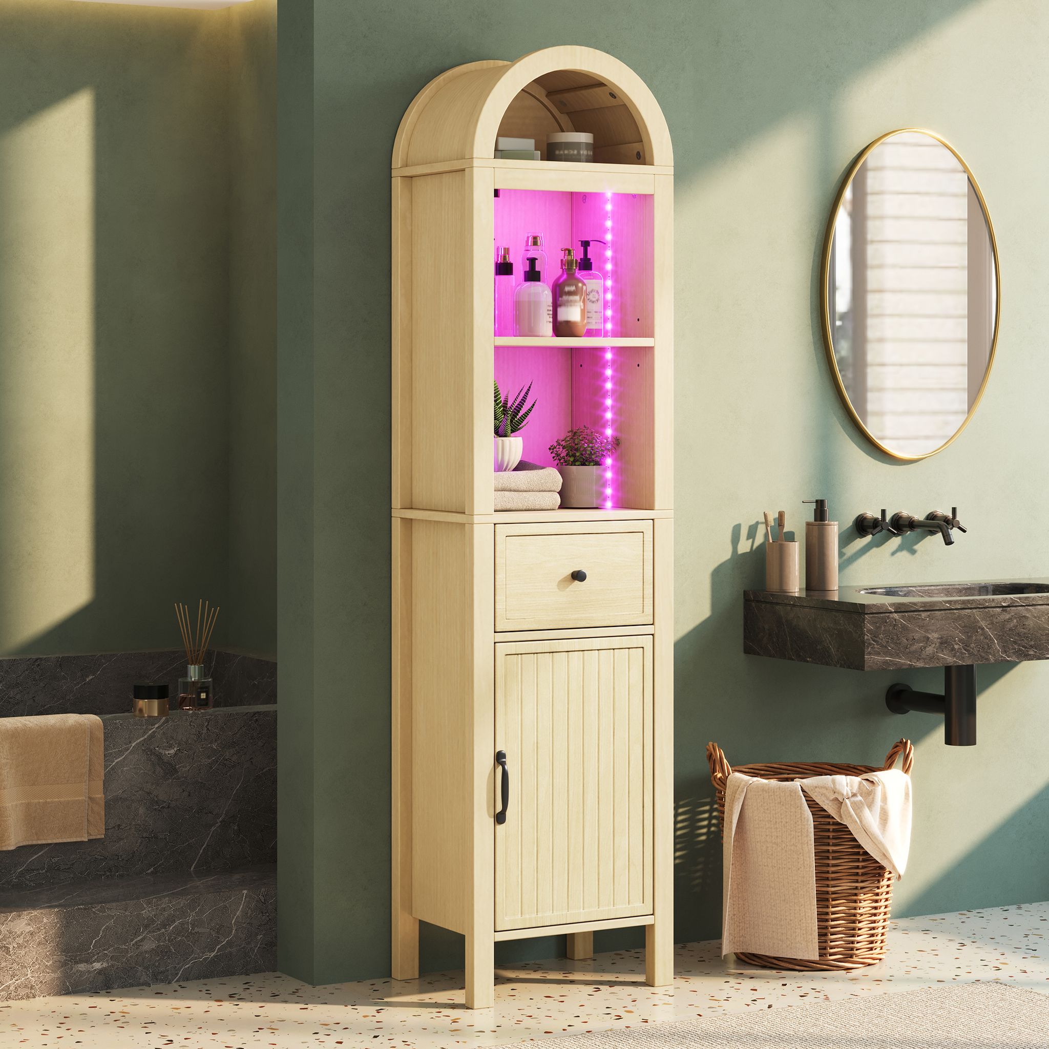 Freistehender Badezimmerschrank Mit 2 Reversiblen Türen, Schublade Und Rgb-led, Mdf, Naturholzfarben, 40×30×163 Cm