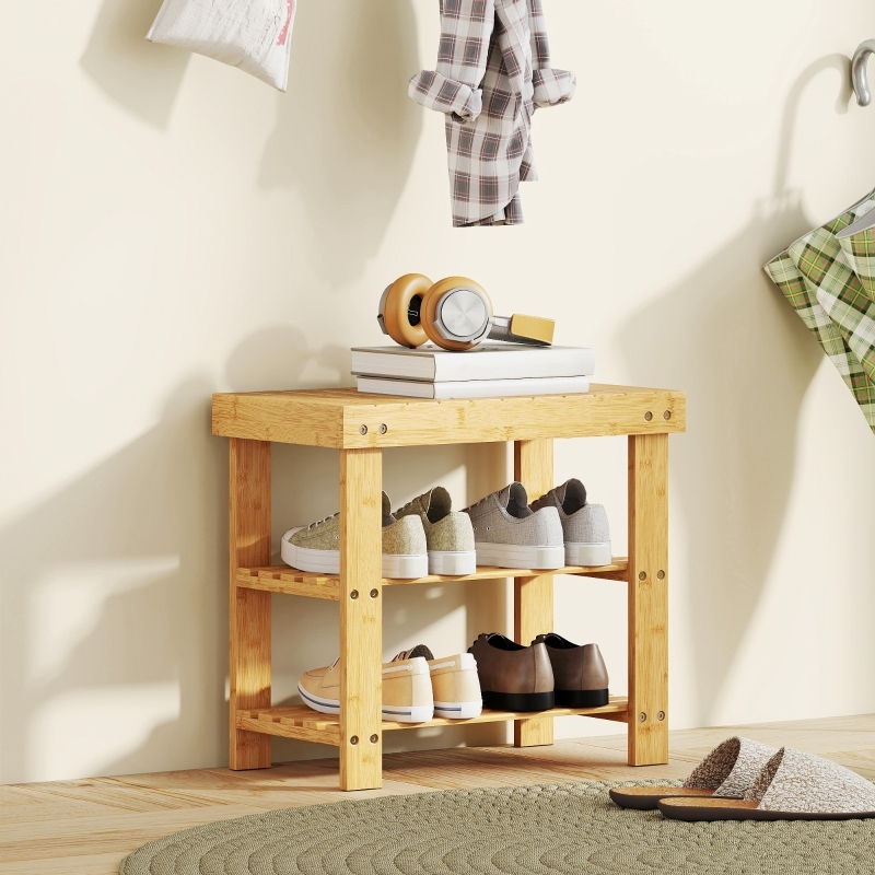 Schuhbank Mit 2 Ablagen, Sitzfläche Für Flur Und Eingangsbereich, Belastbar Bis 130 Kg, Bambus, Naturholz, 50 X 28 X 45 Cm