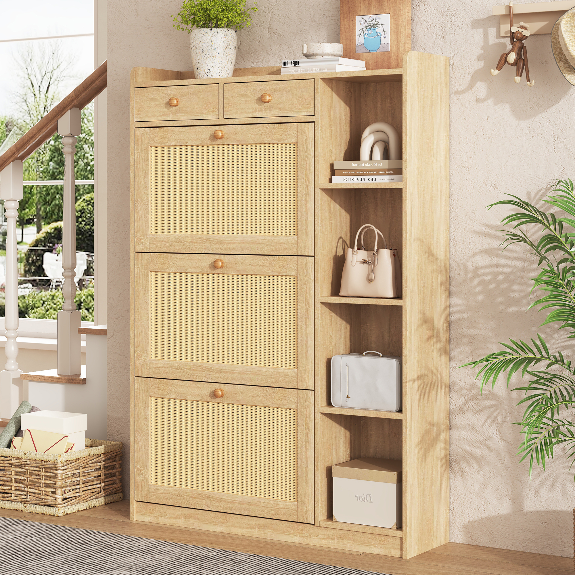 Schuhschrank Mit 3 Klappfächern, 2 Schubladen Und Offenen Seitenfächern, Für Flur, 90 × 24 × 130 Cm