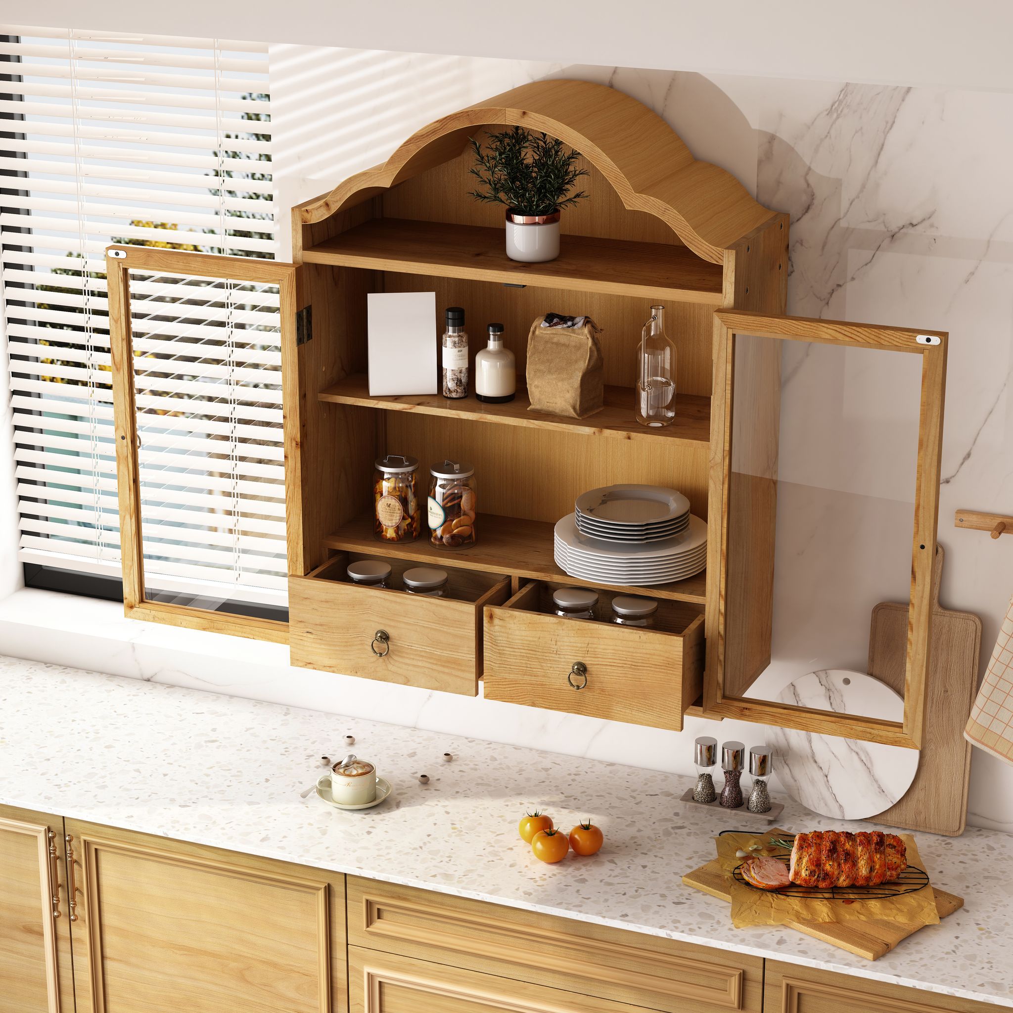 Wandschrank Retro Mit Verstellbaren Einlegeböden Und Schubladen, Für Küche Oder Bad, Massivholz Und Glas, Natur
