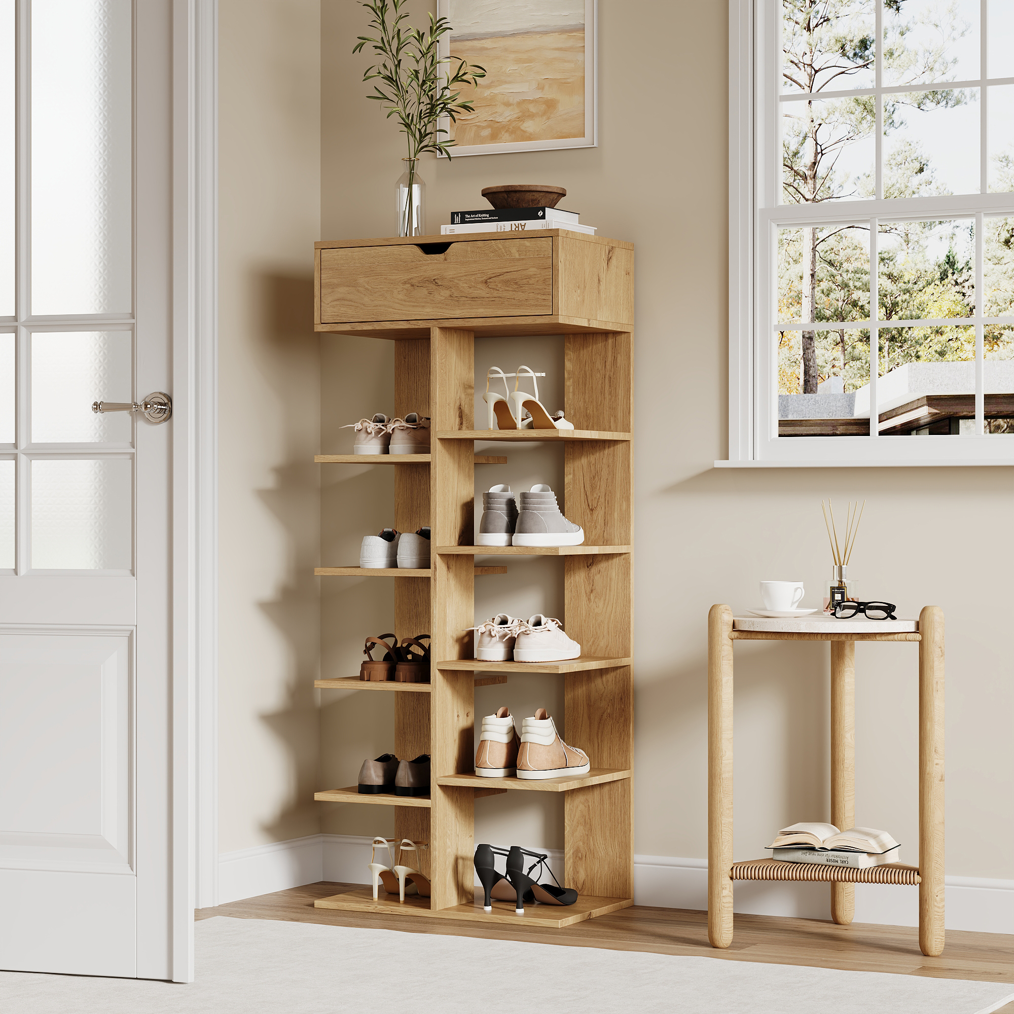 Schuhschrank Mit 1 Schublade Und 10 Offenen Fächern Für Flur, Aus Spanplatte Natur, 55×33×133 Cm