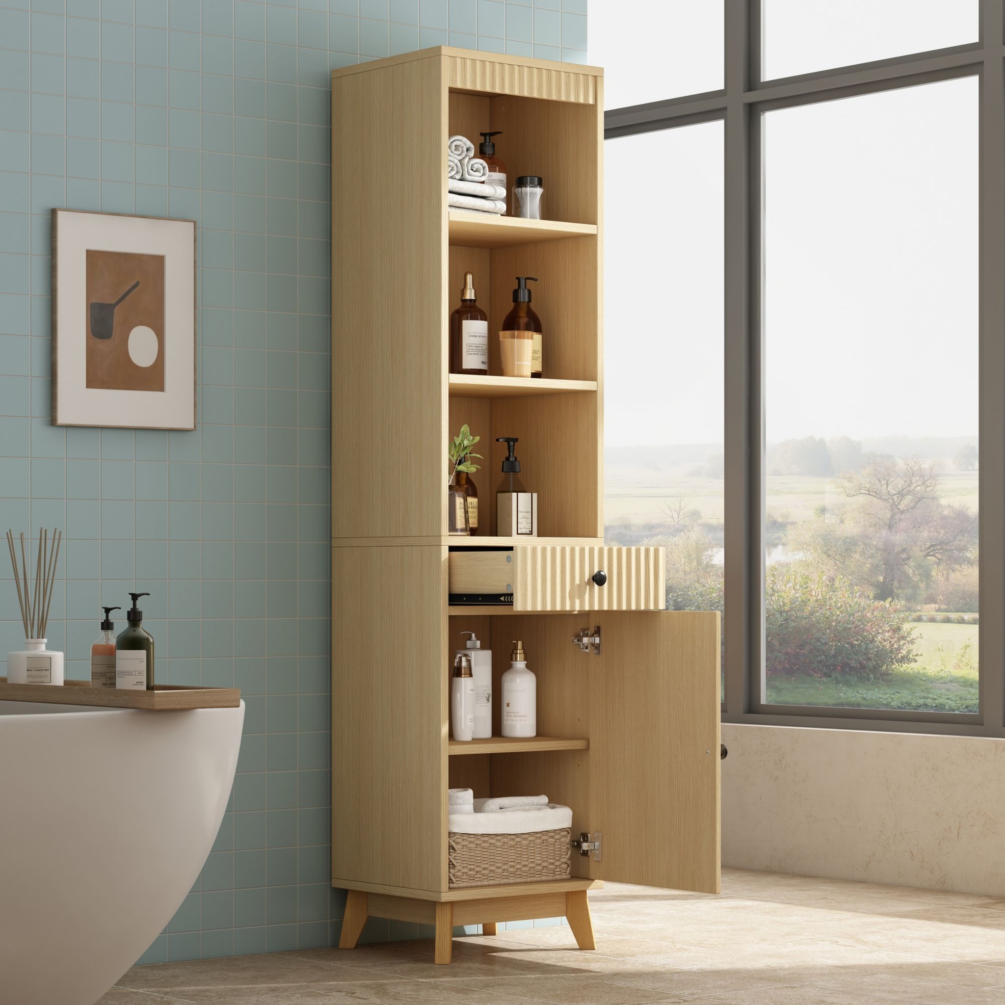 Badezimmerschrank Hoch, Schublade, Offene Ablagen, Reversible Tür, Soft-close-scharniere, Mdf Naturholz, 40×36×172 Cm