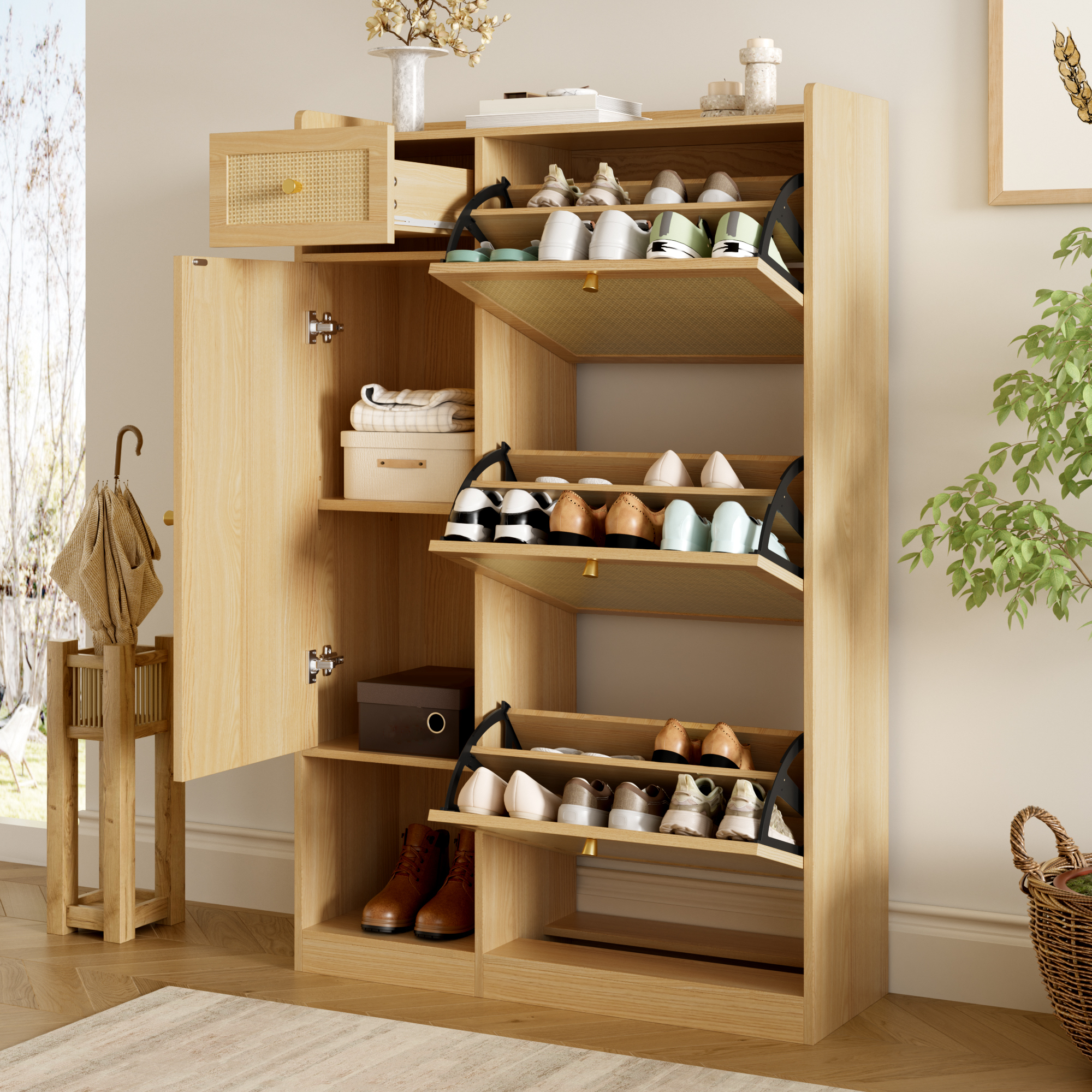 Schuhschrank In Rattanoptik Mit 3 Klappfächern, Schublade Und Tür Für Flur, 80.5 × 25 × 125 Cm, Natur