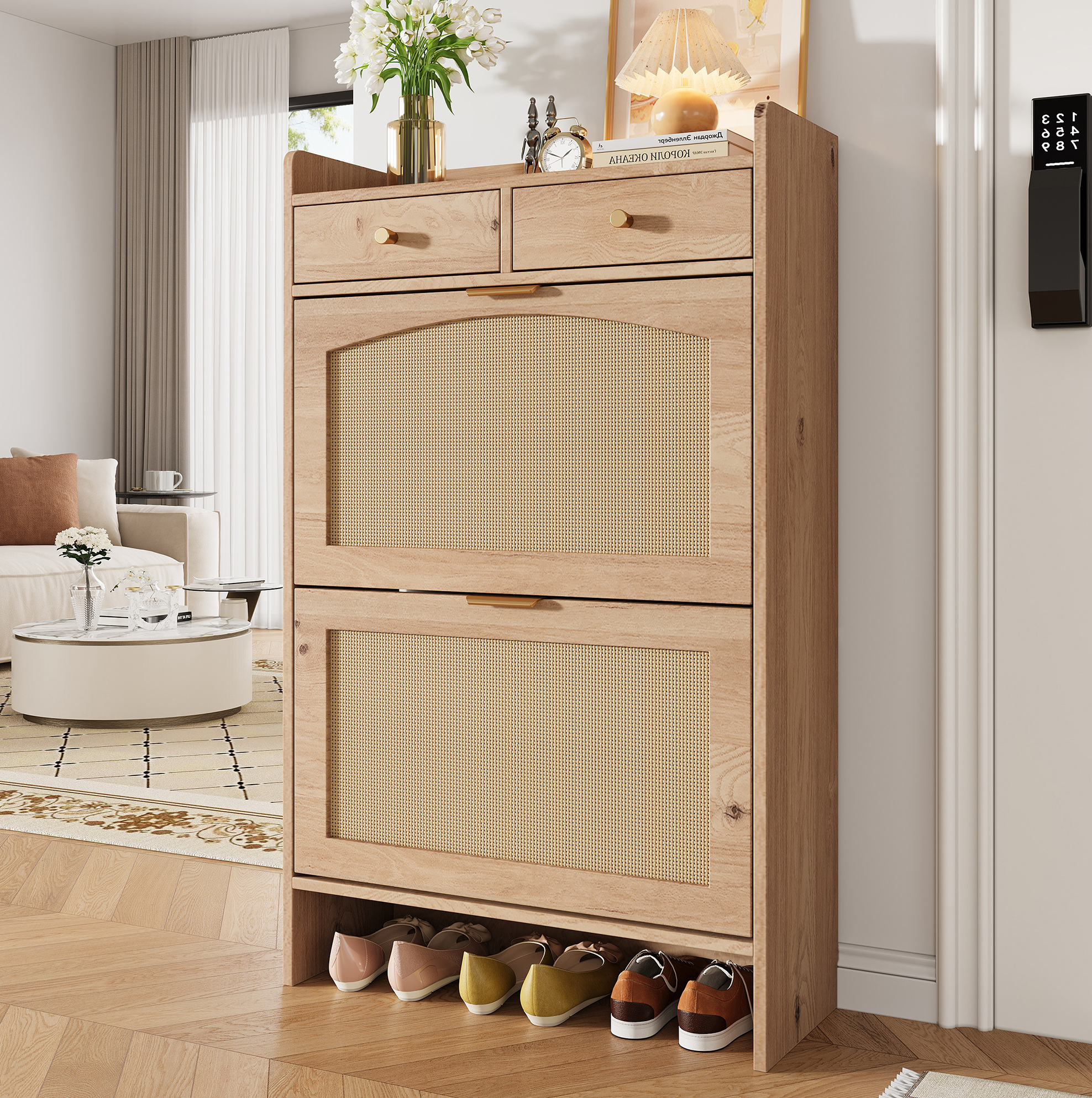 Schuhschrank Mit 2 Klappfächern, 2 Schubladen Und Türen In Rattan-optik, Spanplatte Natur, 65 × 25 × 106 Cm