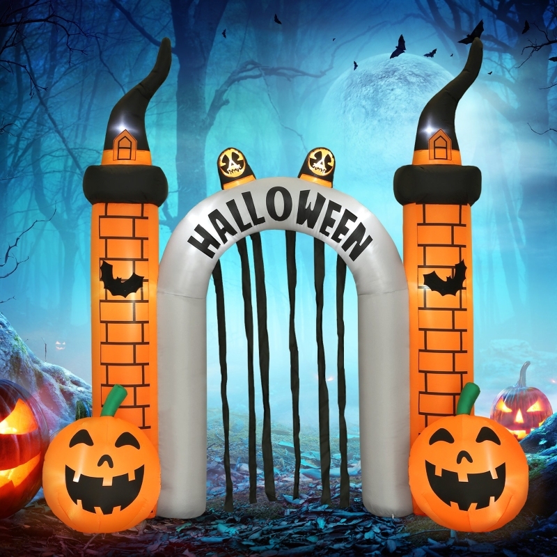 Aufblasbarer Halloween-torbogen Mit Kürbissen, Fledermäusen Und 10 Led-leuchten, Für Garteneingang, Polyester Orange, 325 X 105 X 322 Cm