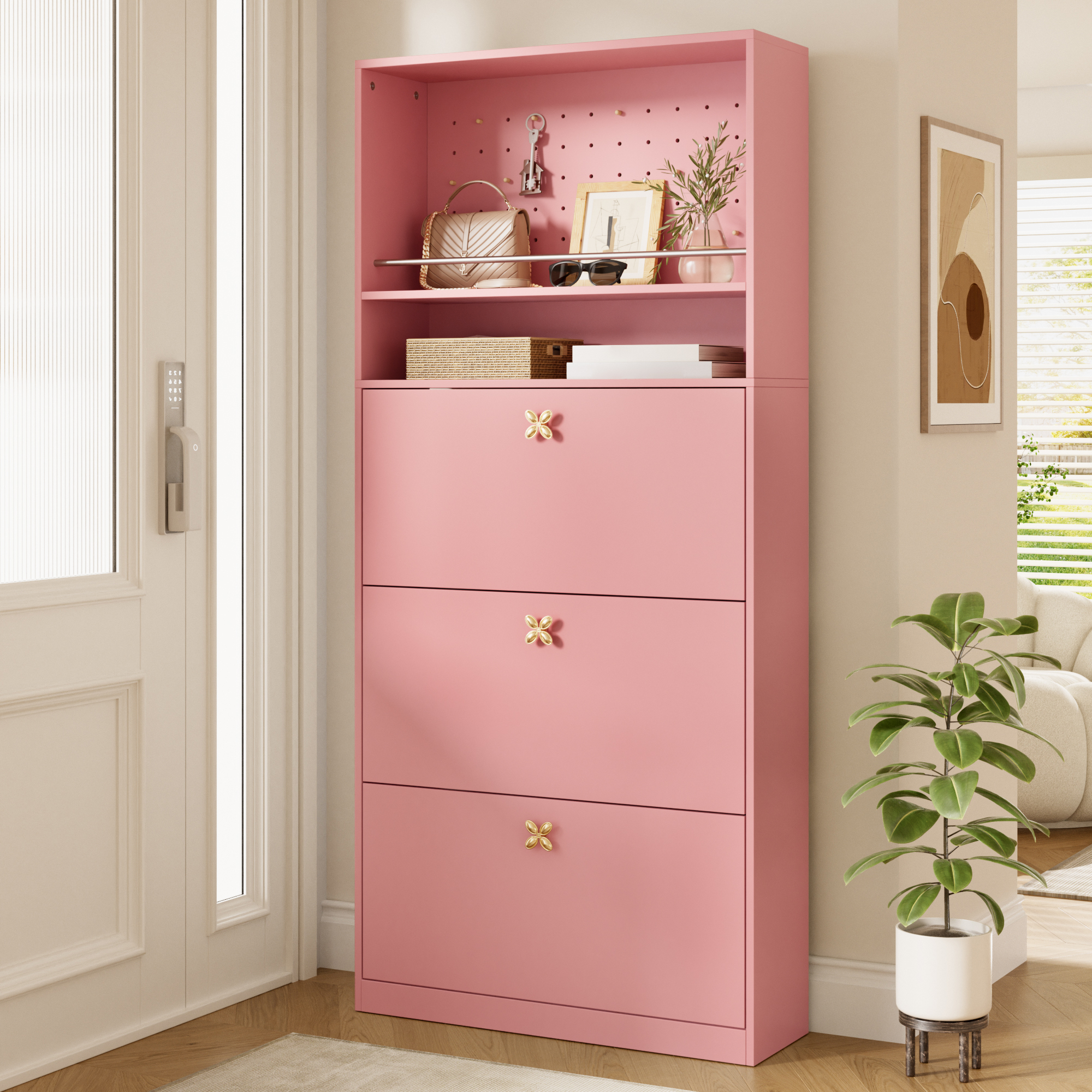 Schuhschrank Mit 3 Klappfächern, 2 Offenen Ablagen Und Lochwand Für Flur, Rosa, 80 × 24 × 178.5 Cm