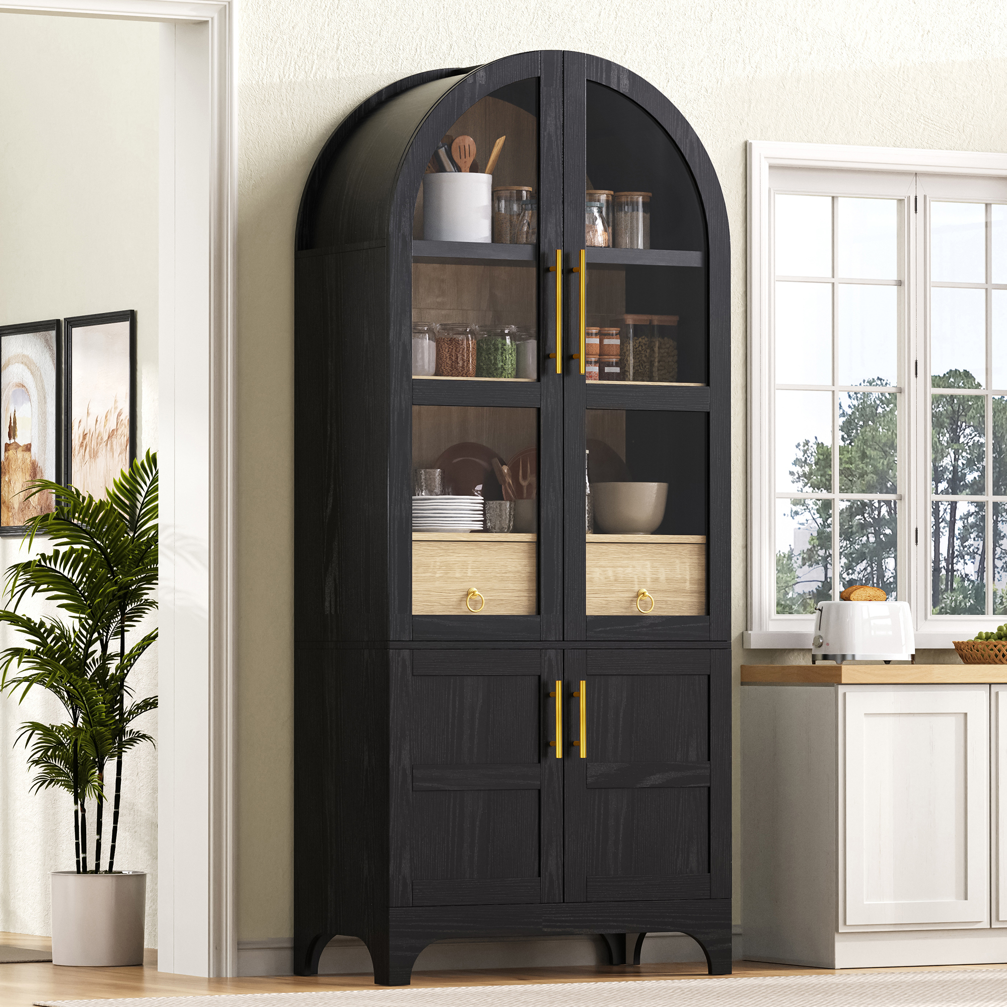Küchenbuffet Hoch Mit Schublade, Glastüren Und Verstellbaren Einlegeböden Für Küche Und Esszimmer, Mdf, Schwarz