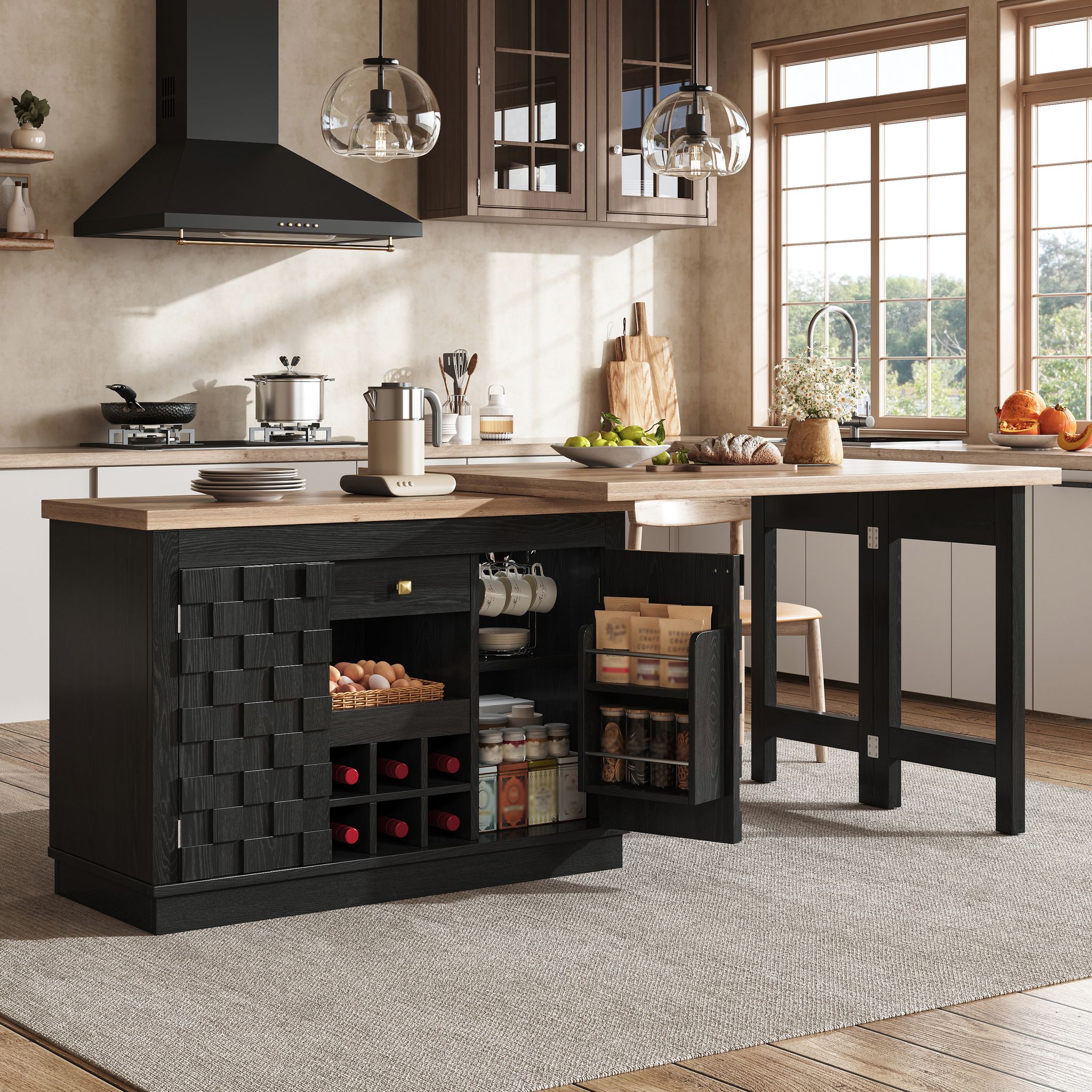 Kücheninsel Mit 360 Grad Drehplatte, Schublade Und Weinregal, Mdf Schwarz, 120×40×74.2 Cm
