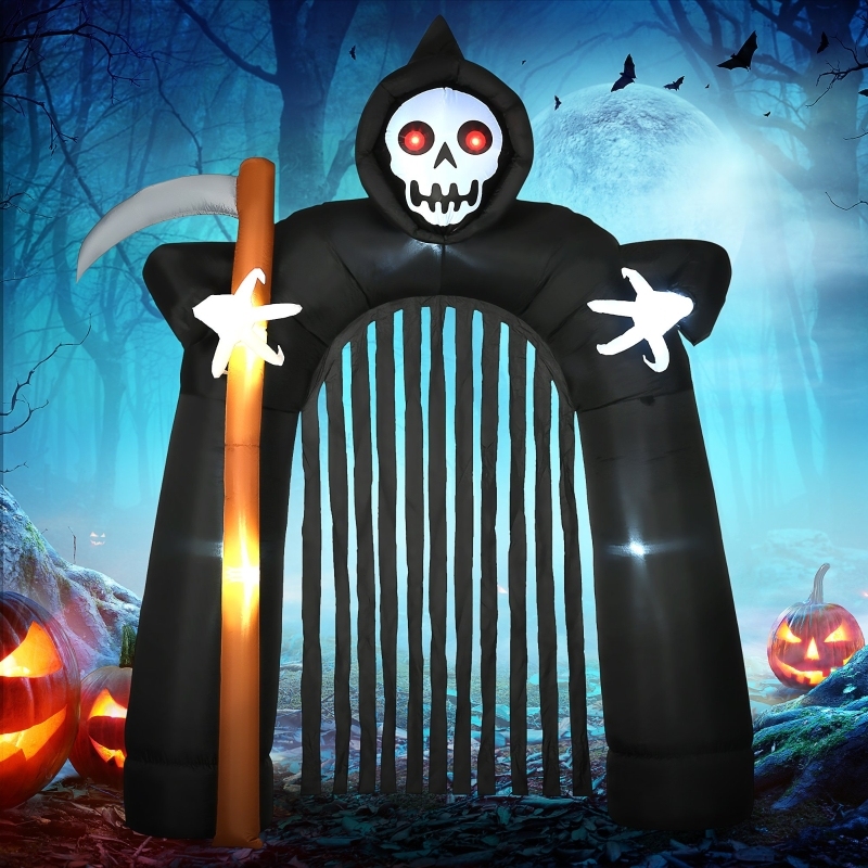 Aufblasbarer Halloween Torbogen Sensenmann Mit Roten Augen Und Led Licht, Polyester Schwarz, 230 X 65 X 285 Cm