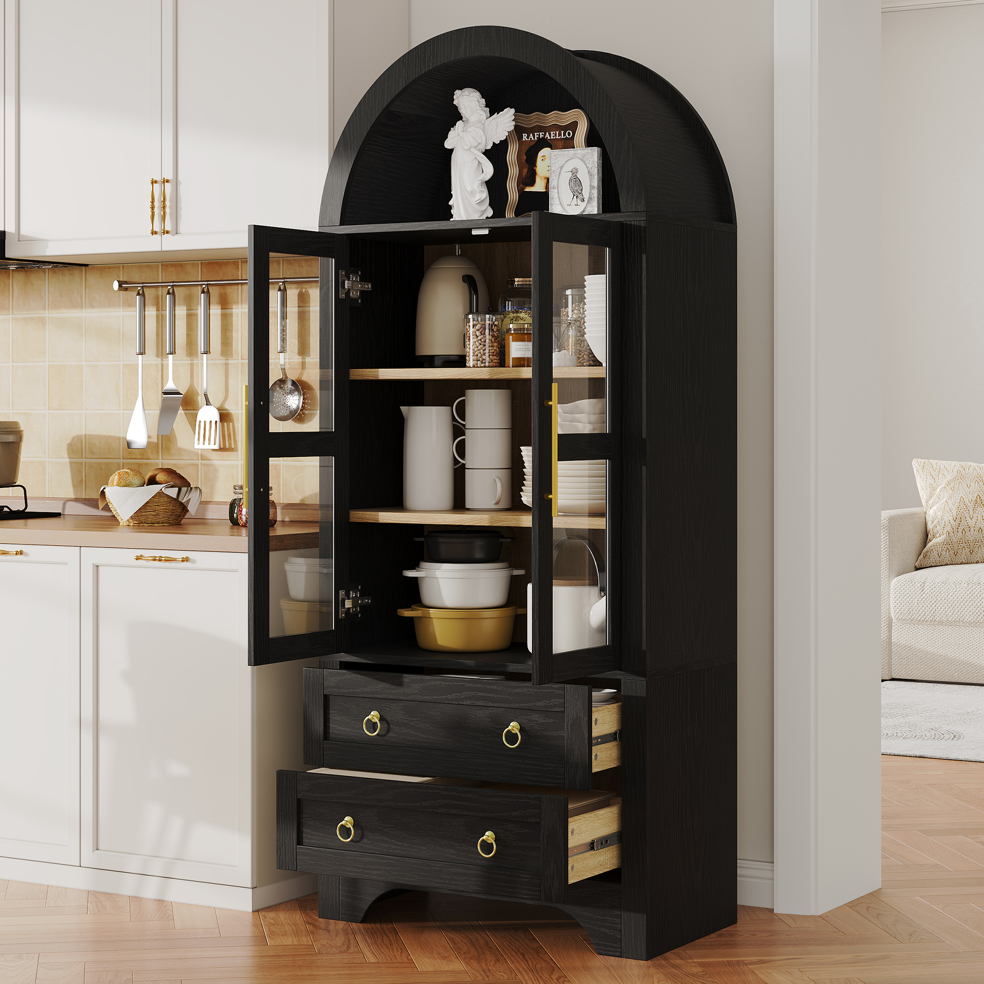 Highboard Mit 2 Glastüren, 2 Schubladen Und Verstellbaren Einlegeböden, Für Küche, Mdf Und Glas, Schwarz