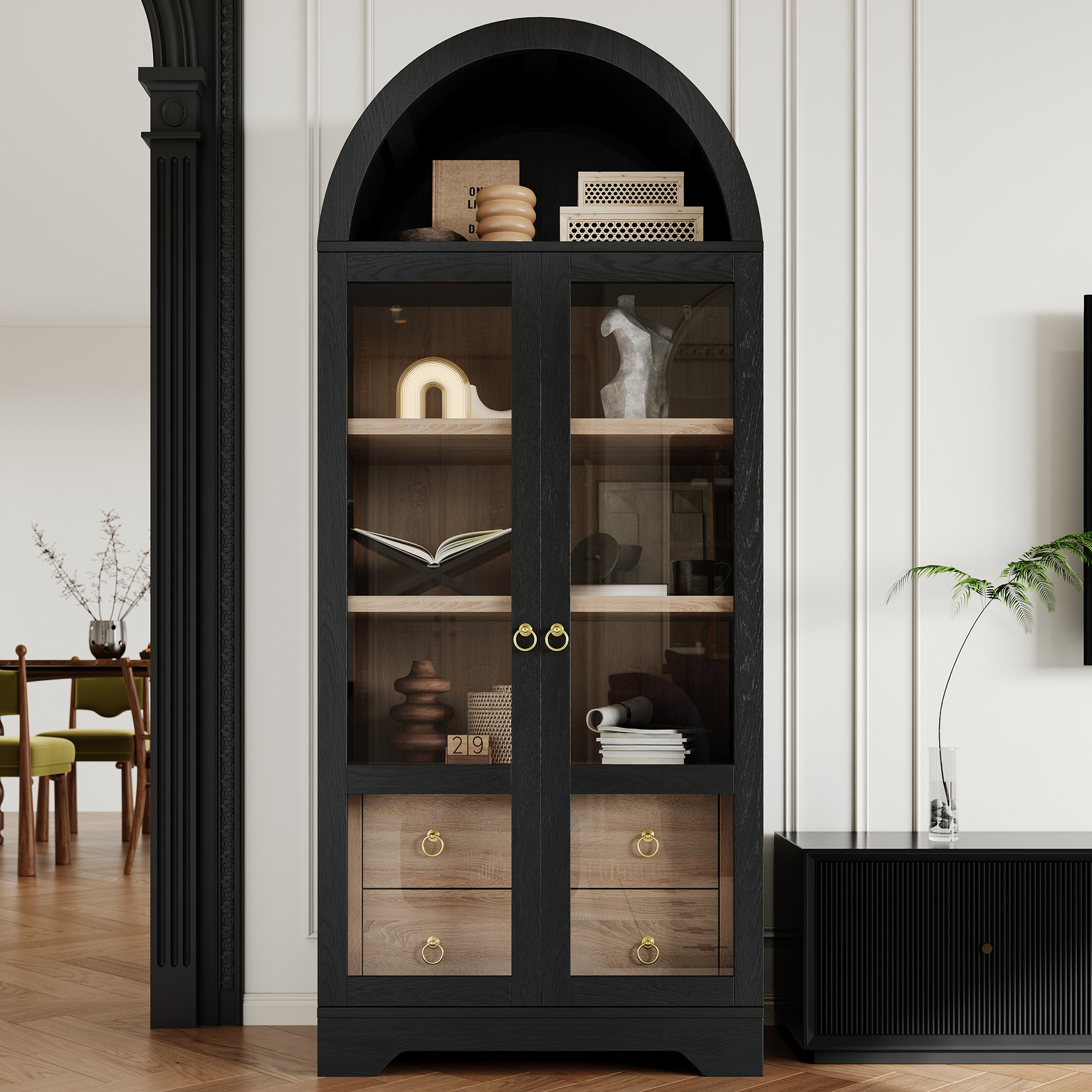 Highboard Küchenschrank Mit Glastüren, 2 Schubladen, Offenem Fach Und Verstellbaren Böden, Für Küche, Mdf, Schwarz