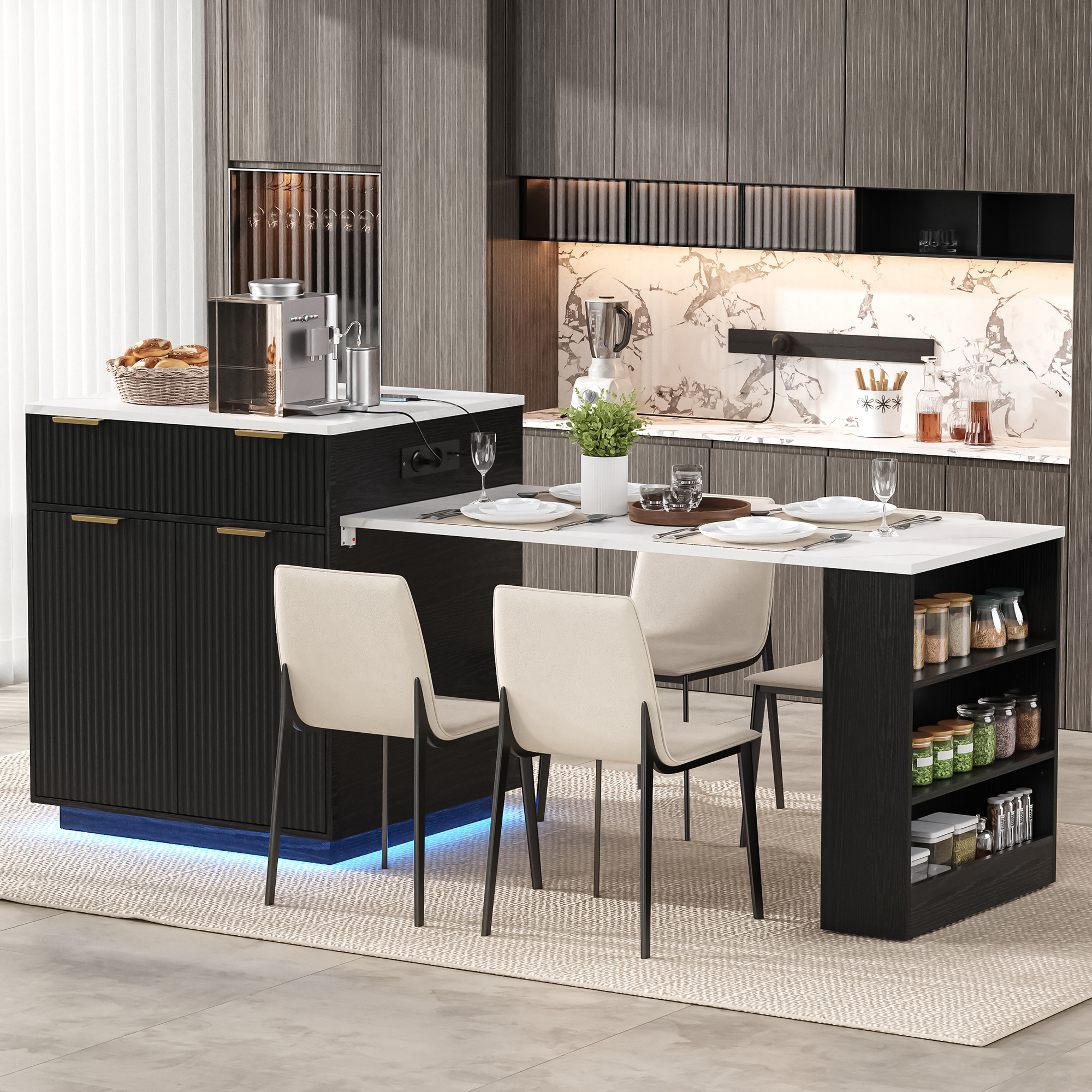 Kücheninsel Mit 4 Schubladen, Verstellbaren Böden, Ausziehbarem Tisch, Led Und Steckdosen, Mdf Schwarz