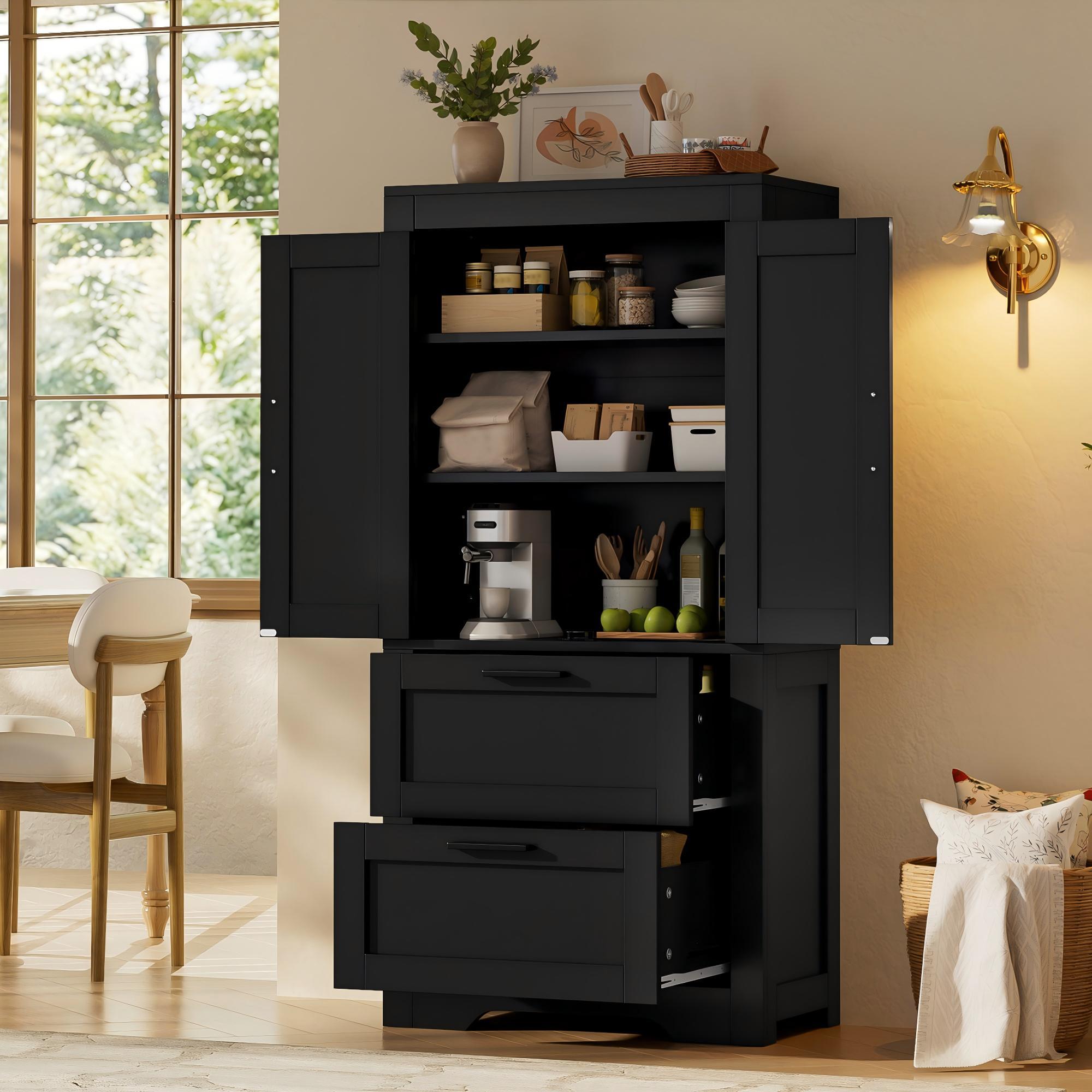 Küchenhochschrank Mit 2 Schubladen Und Verstellbaren Einlegeböden, Scheunentürstil, Für Küche, Schwarz, 60×30×128 Cm