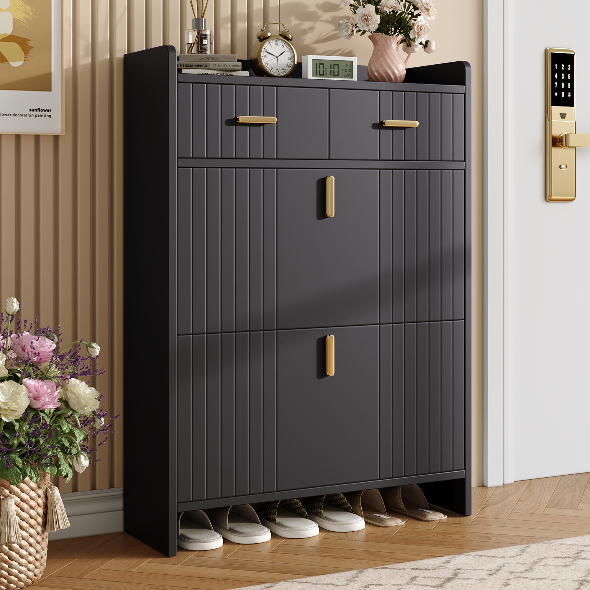 Schuhschrank Modern Mit 2 Klappfächern, 1 Schublade Und Offenem Fach, Für Flur Und Eingangsbereich, Schwarz, 75 × 24 × 108.5 Cm